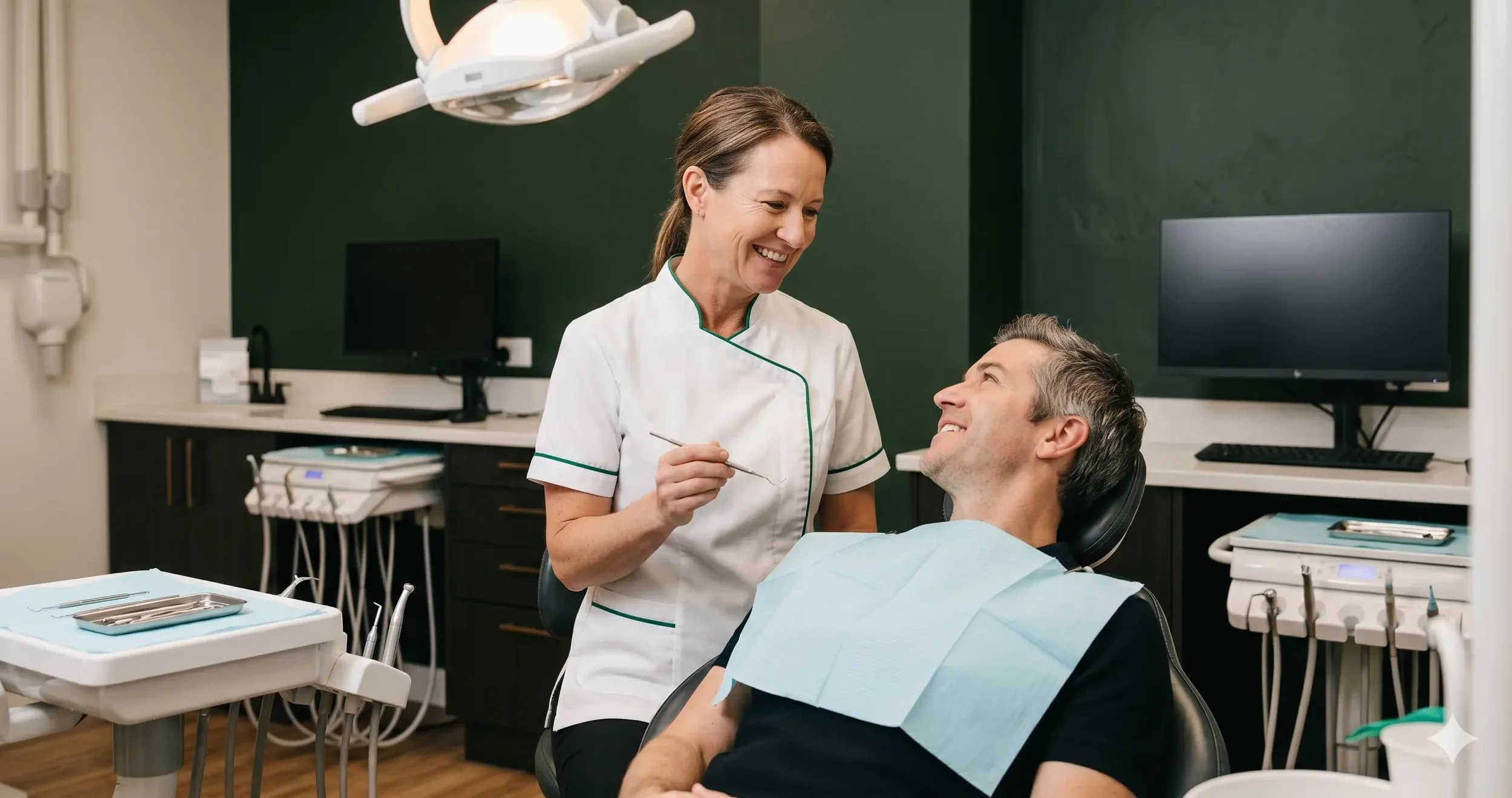 Dentist reviewing a treatment plan on a tablet with a patient in a modern consultation room, warm pendant light, dark green accent wall, editorial portrait