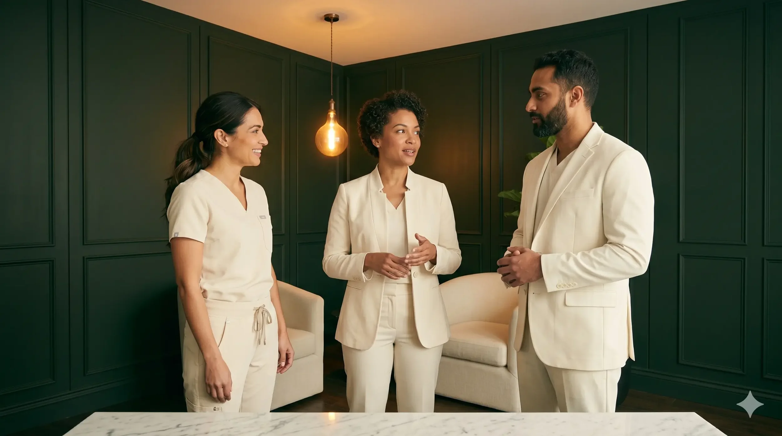 Healthcare practice team in a modern warmly lit clinical space with dark forest green walls, approachable and professional group portrait, editorial documentary style