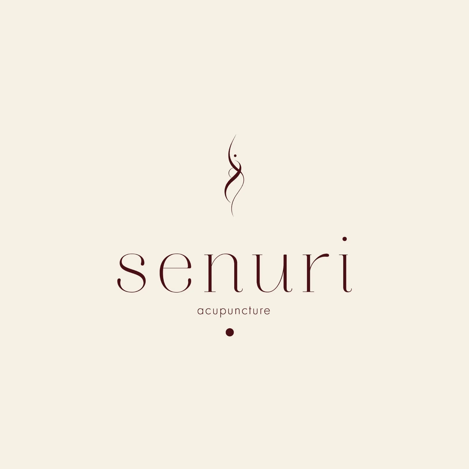 Senuri Acupuncture logo in bordeaux on cream