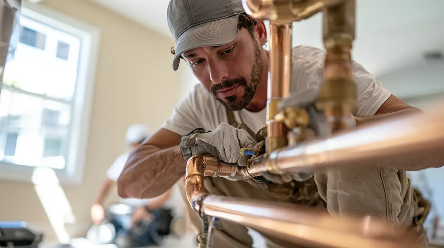 Plumber working on new copper repiping in a bright Miami home with warm daylight, editorial documentary photography