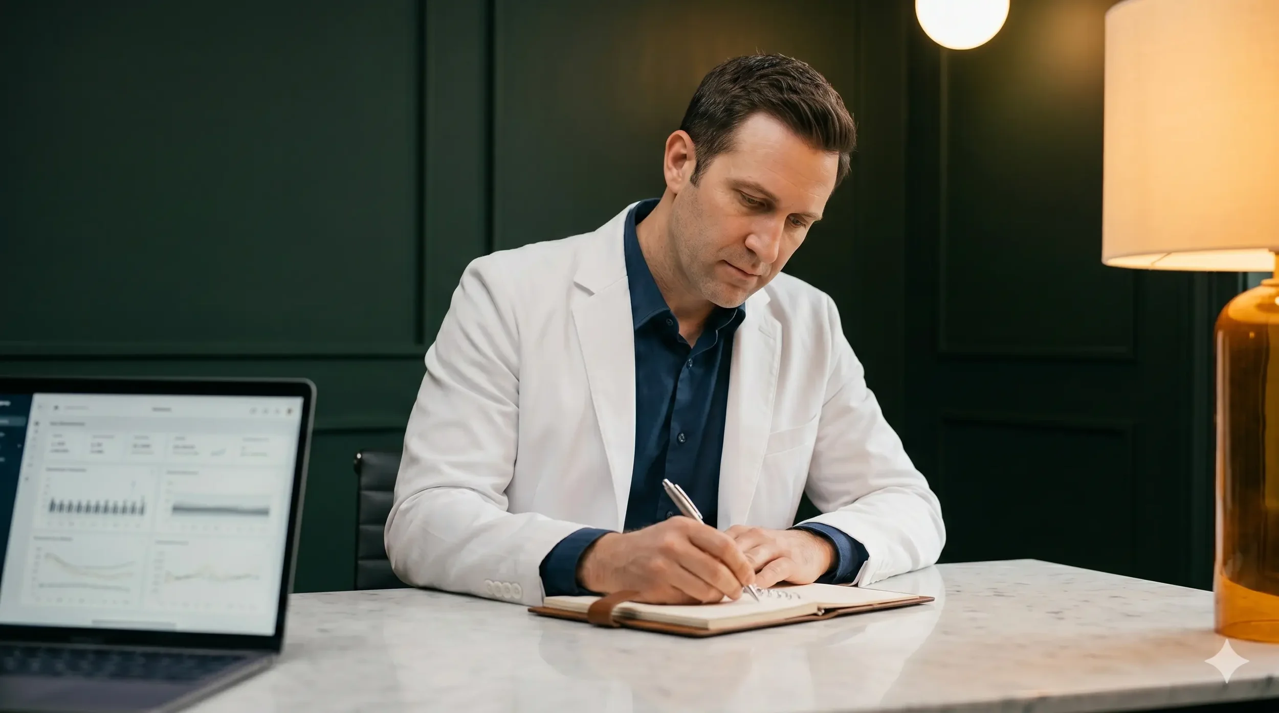 Longevity clinic physician writing clinical notes at a clean desk with biomarker data on a laptop screen, warm amber lamp light, dark forest green walls, editorial portrait