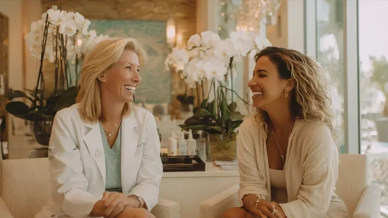 A smiling aesthetic practitioner in a white coat laughs with a happy client in a bright consultation room with cream chairs and white orchids, with no treatments, needles or before-and-after images.