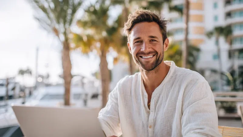 A smiling man in a white linen shirt works on a laptop at a sunny waterfront cafe, with palm trees and a marina softly blurred behind him.