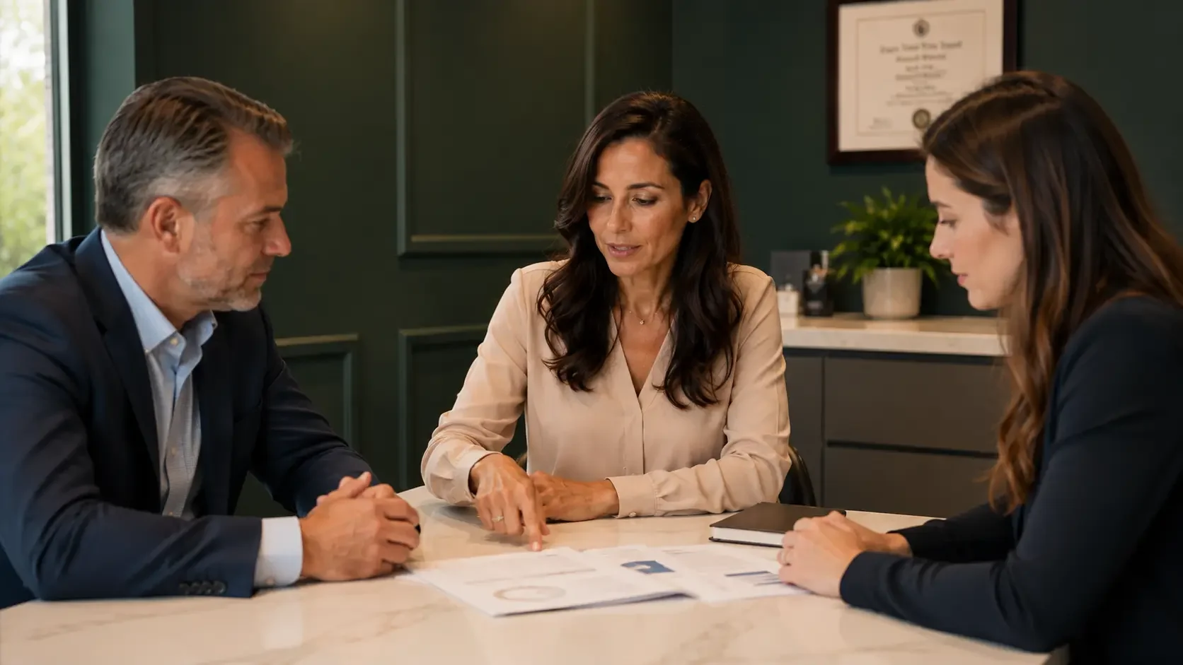 Healthcare practice team reviewing marketing strategy at a conference table in a modern clinic office with dark green walls and warm overhead light, editorial documentary portrait