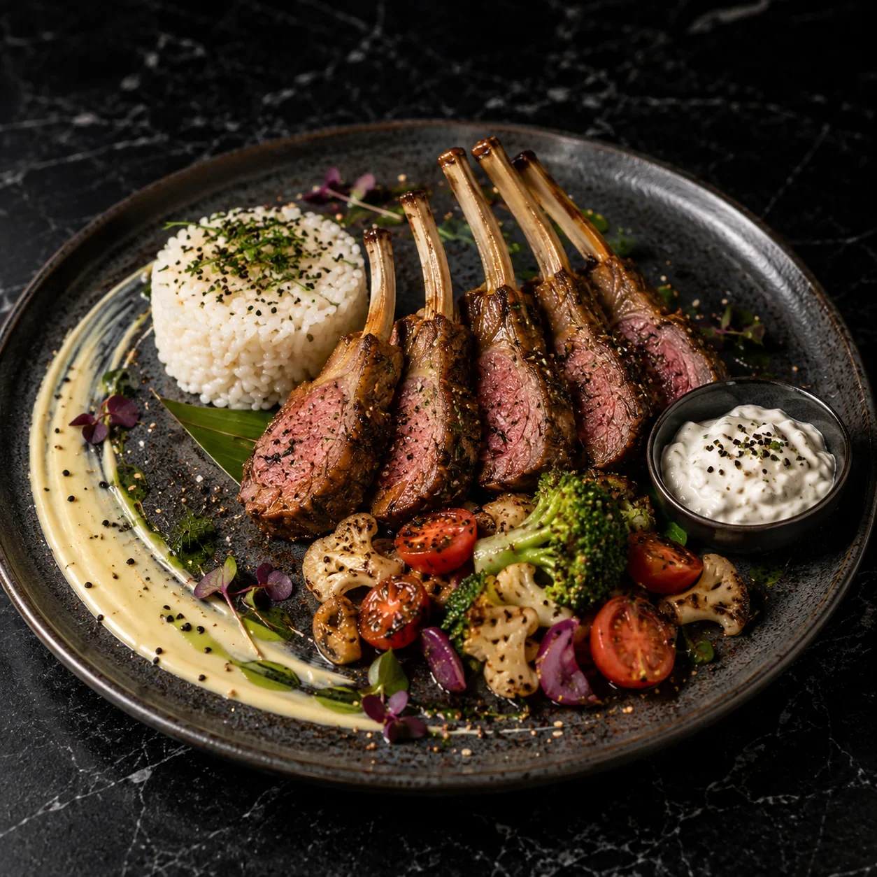 Herb Lamb Chops mit Reis und Gemüse bei OISHINBO Dortmund