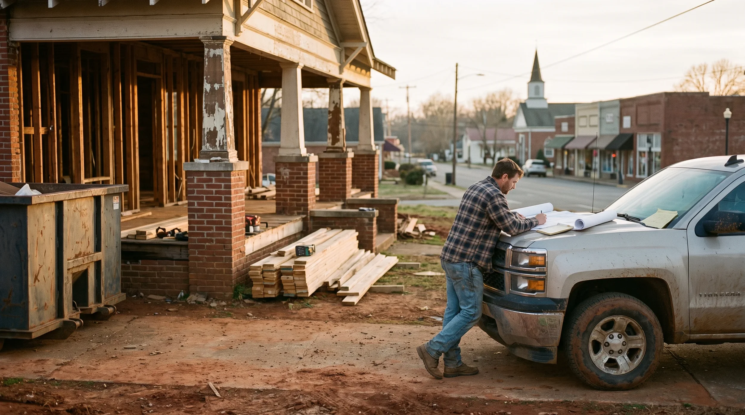 Contractor reviewing renovation budget and blueprints at a Tennessee job site