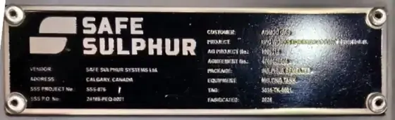 Safe Sulphur equipment nameplate