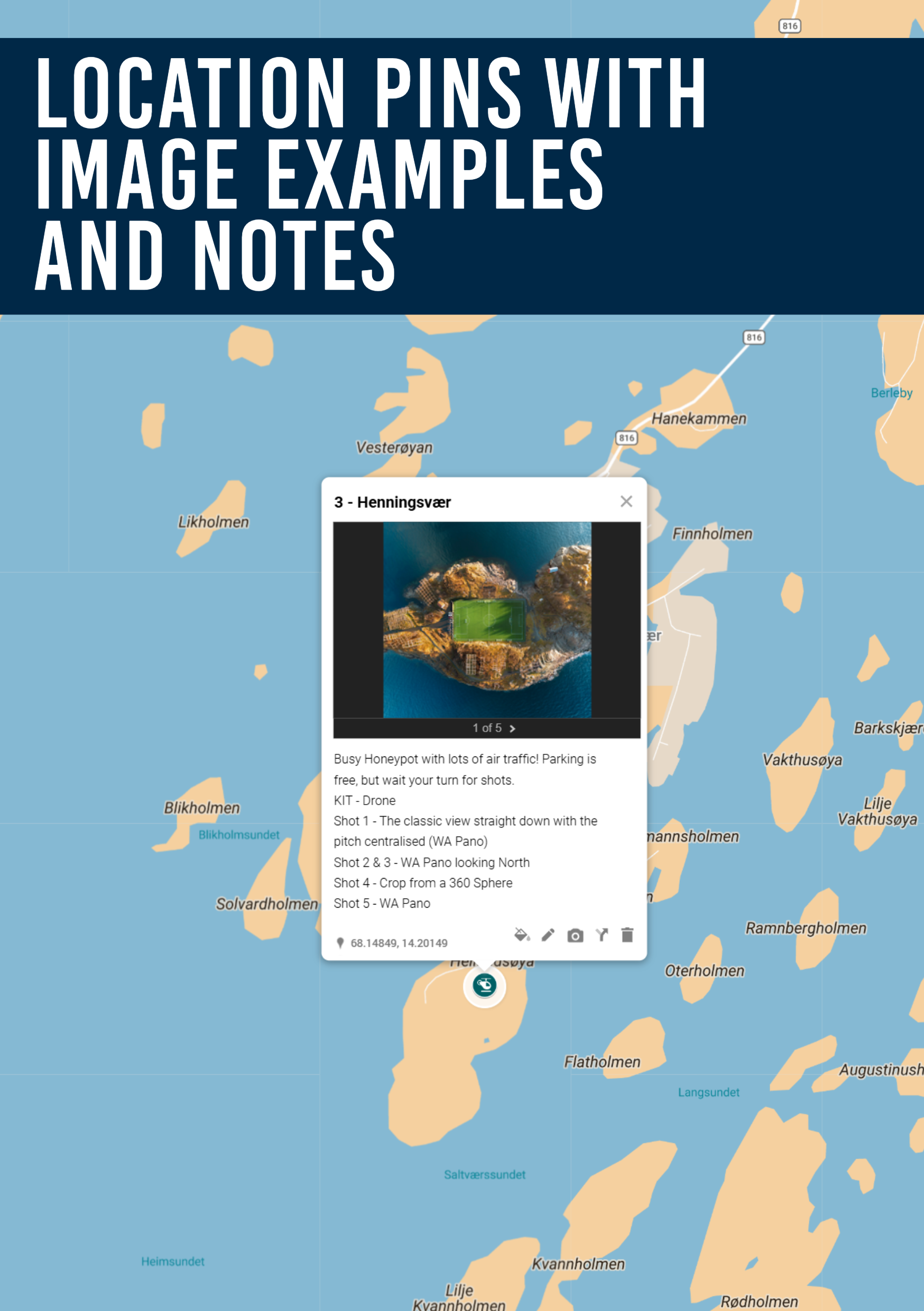 Photography location pin with shooting notes on the Lofoten map