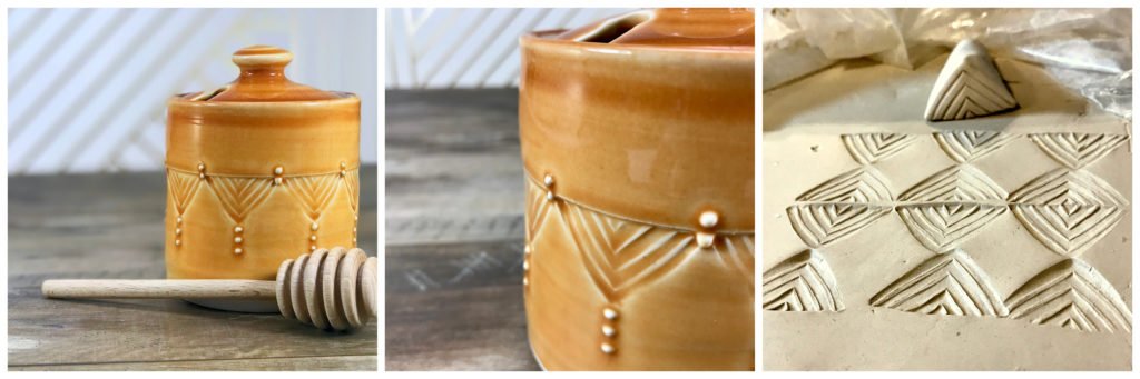 Porcelain honey jar, decorated with handmade stamps by Emily Murphy Pottery.