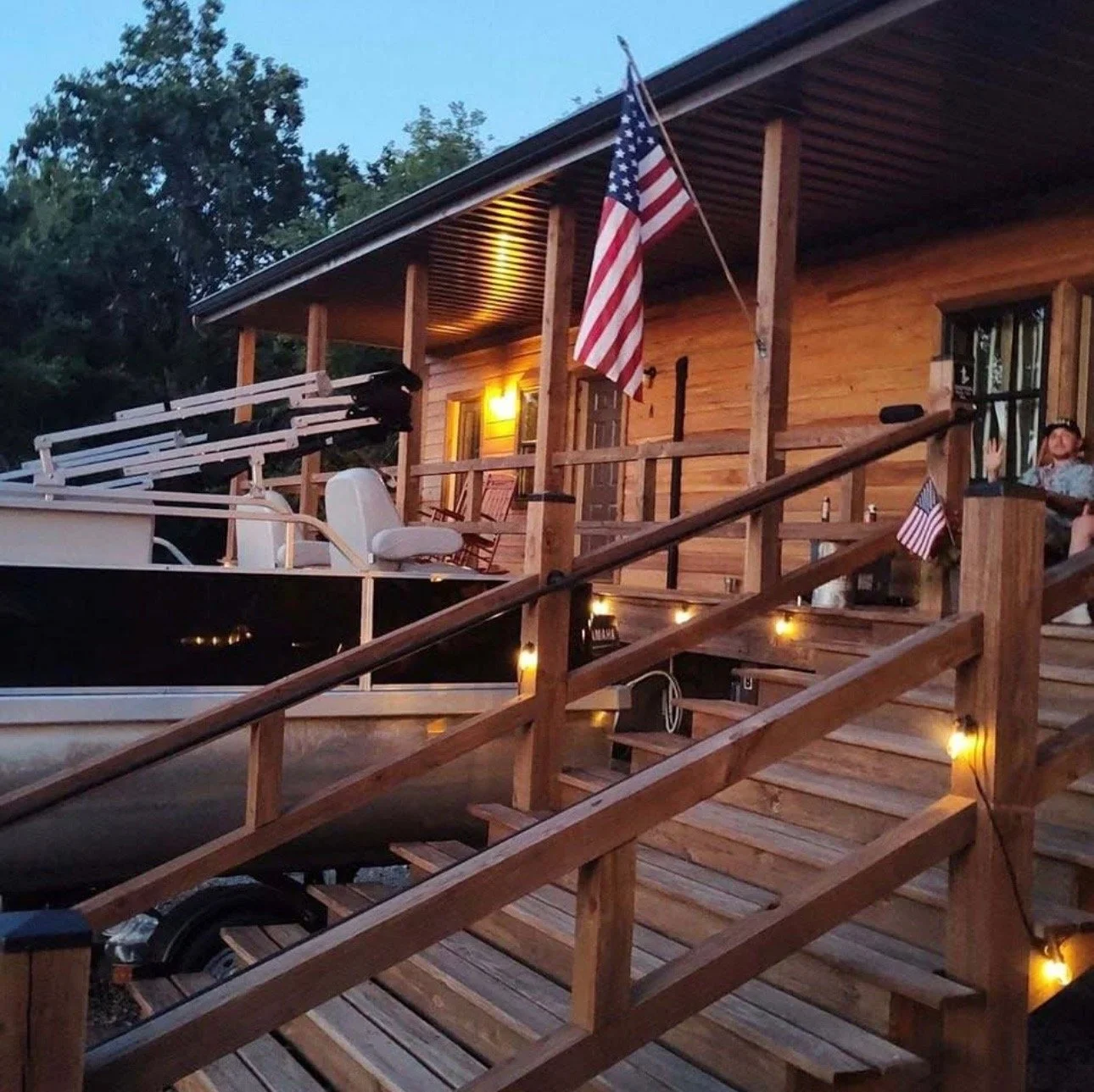 Cedar Post Lodge exterior at dusk near Kentucky Lake in Buchanan Tennessee