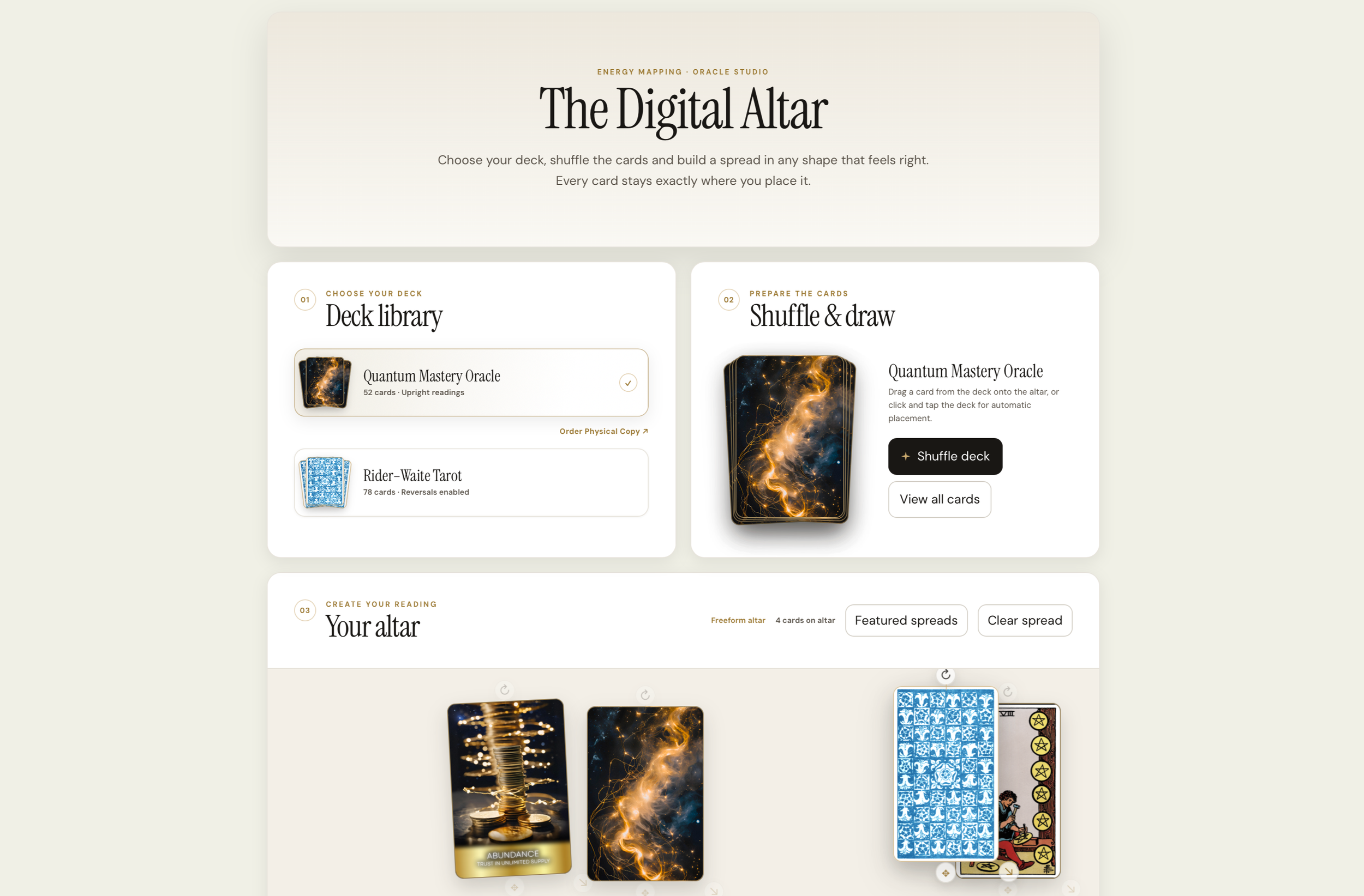 Quantum Mastery Oracle digital deck inside Energy Mapping+