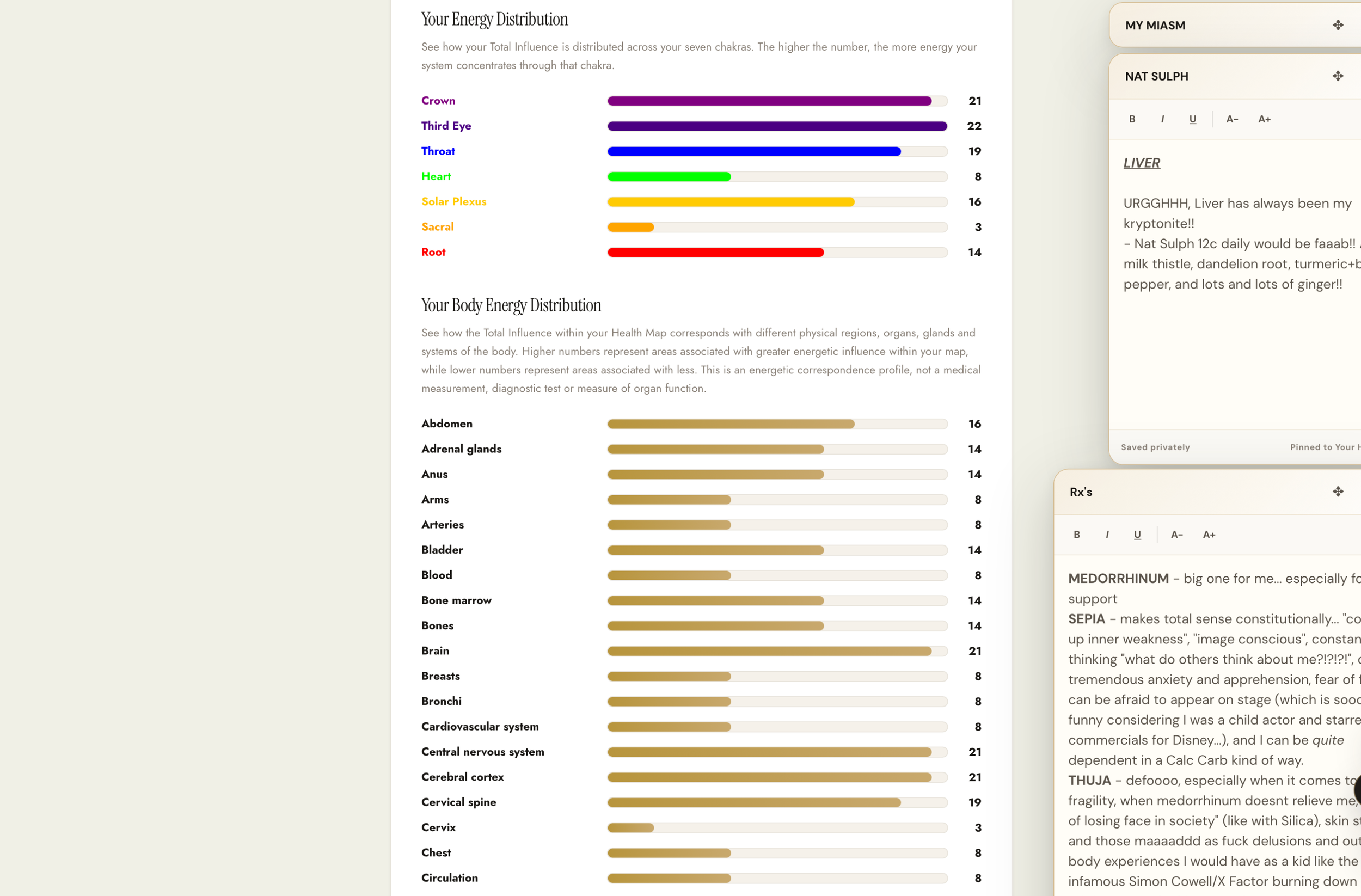 The chakra and anatomical energy distribution graphs inside Energy Mapping