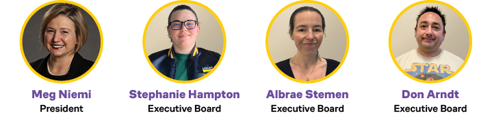 Headshots of SEIU Local 49 President Meg Niemi and Executive Board members Stephanie Hampton, Albrae Stemen, and Don Arndt.
