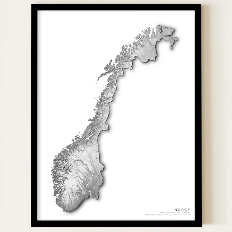 Eksklusivt relieffkart over Norge i gråskala på Fine Art-papir med matt svart ramme