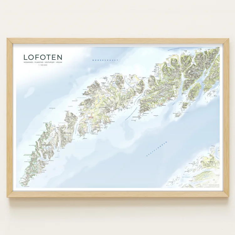 Detaljert veggkart over Lofoten i klassisk stil med ramme