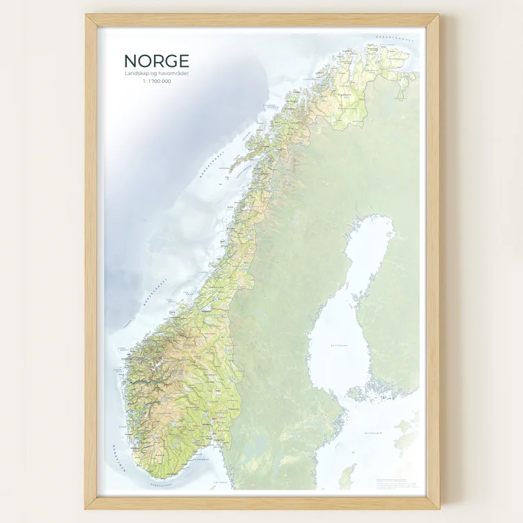 Detaljert veggkart over Norge i klassisk stil med ramme