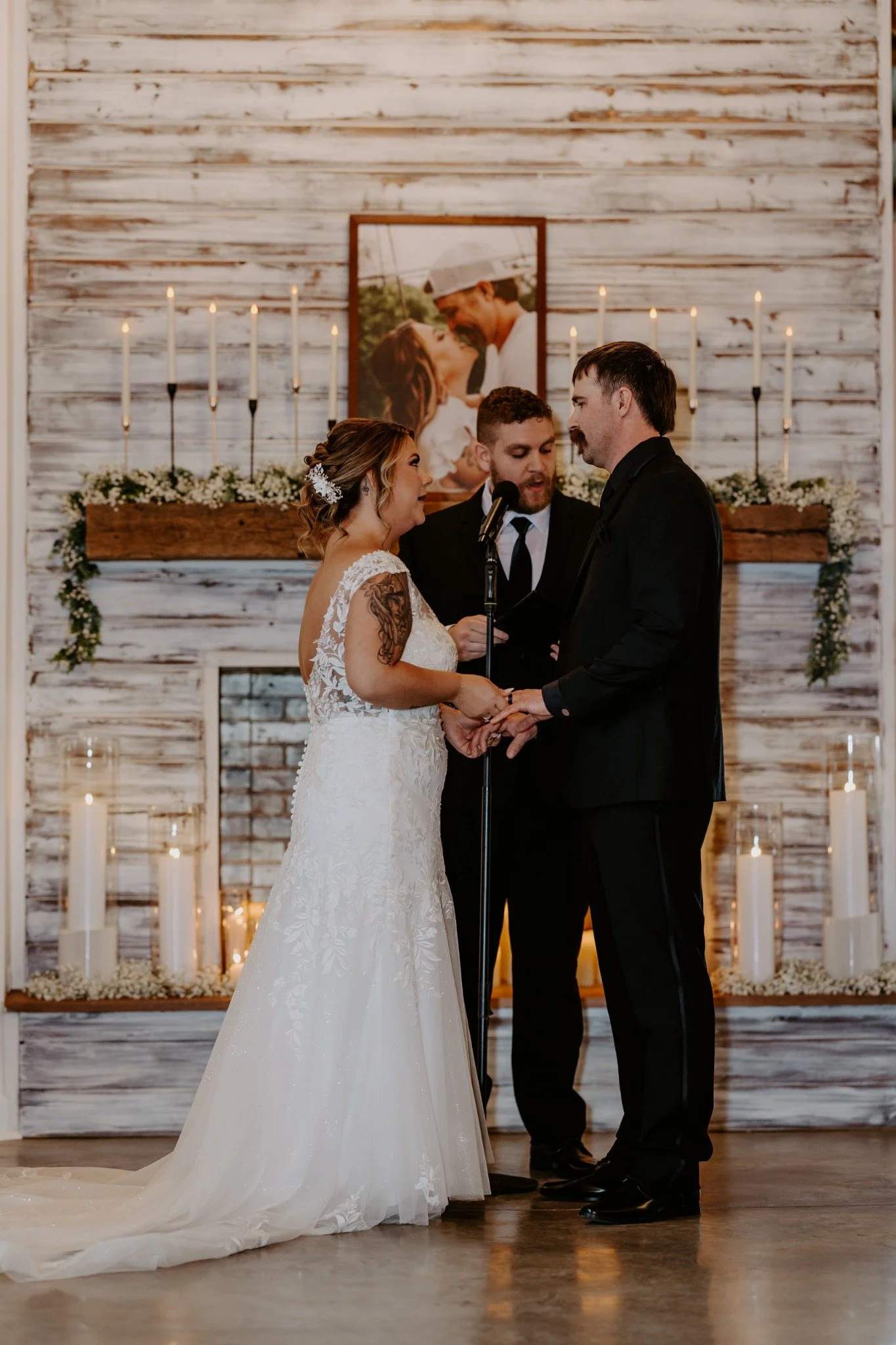 Indoor wedding ceremony by the fireplace inside The Sable 1930