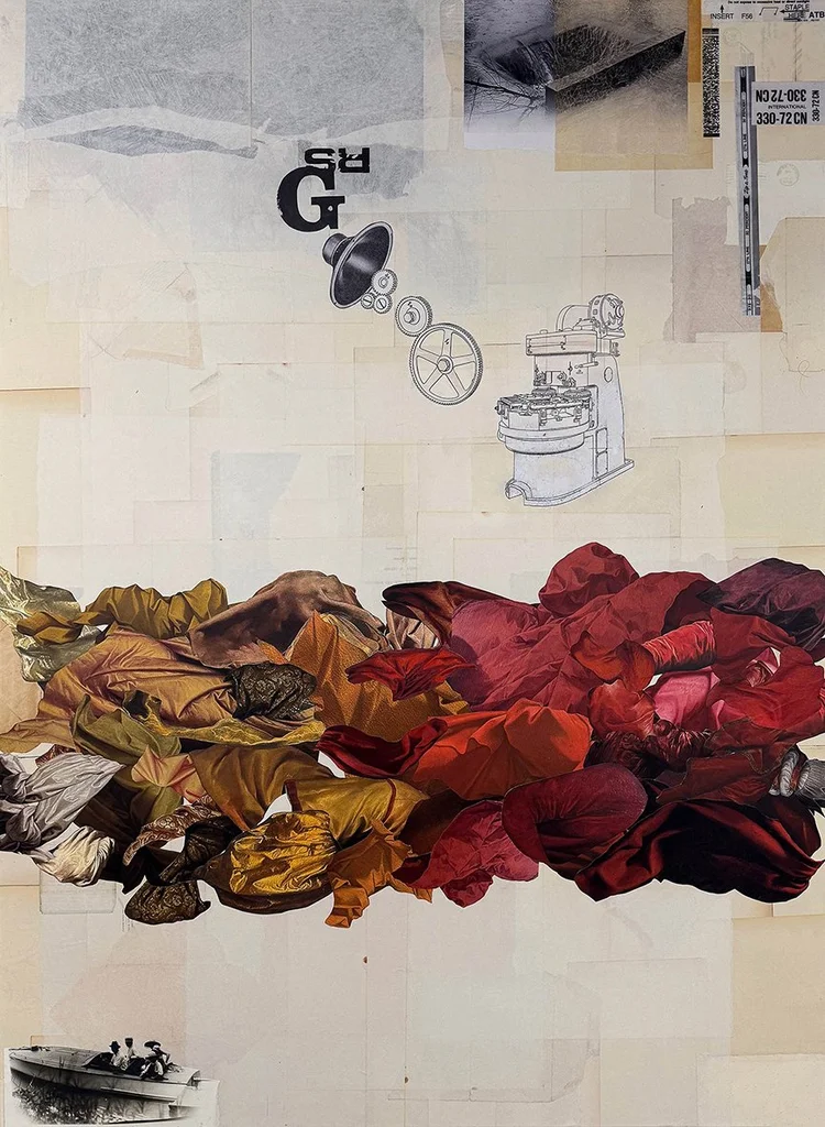 collage with band of deep red fabric of paper fragments on background of beige with small photo of boat
