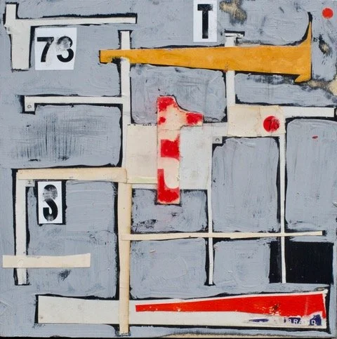  Jack Poker, Plat 73, Mixed media on wood panel: acrylic, manilla envelope, vinyl numbers, and textbook paper, 2025  8”x 8”