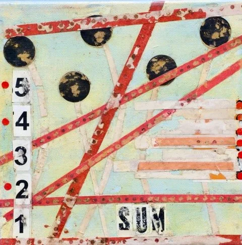 photograph of a collage with blue background, red strips of paper, black dots and numbers.