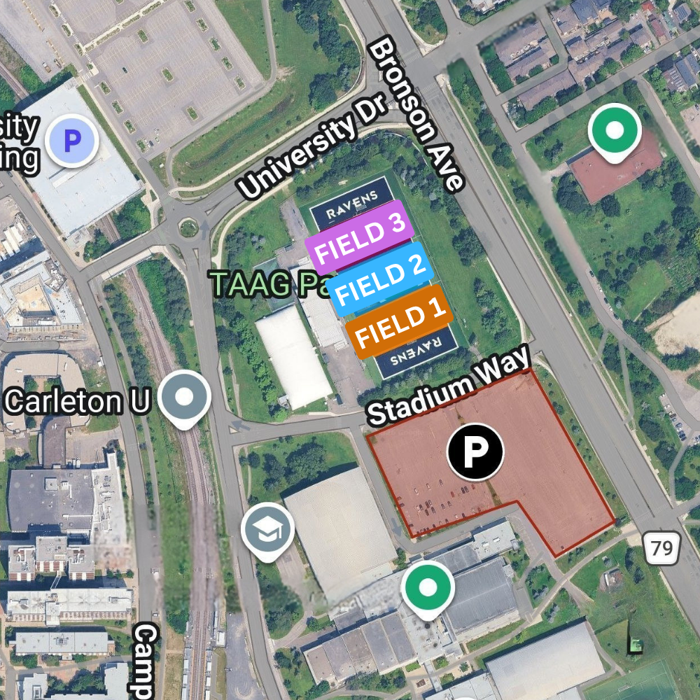 TAAG Park map showing Field 1, Field 2, Field 3, and parking