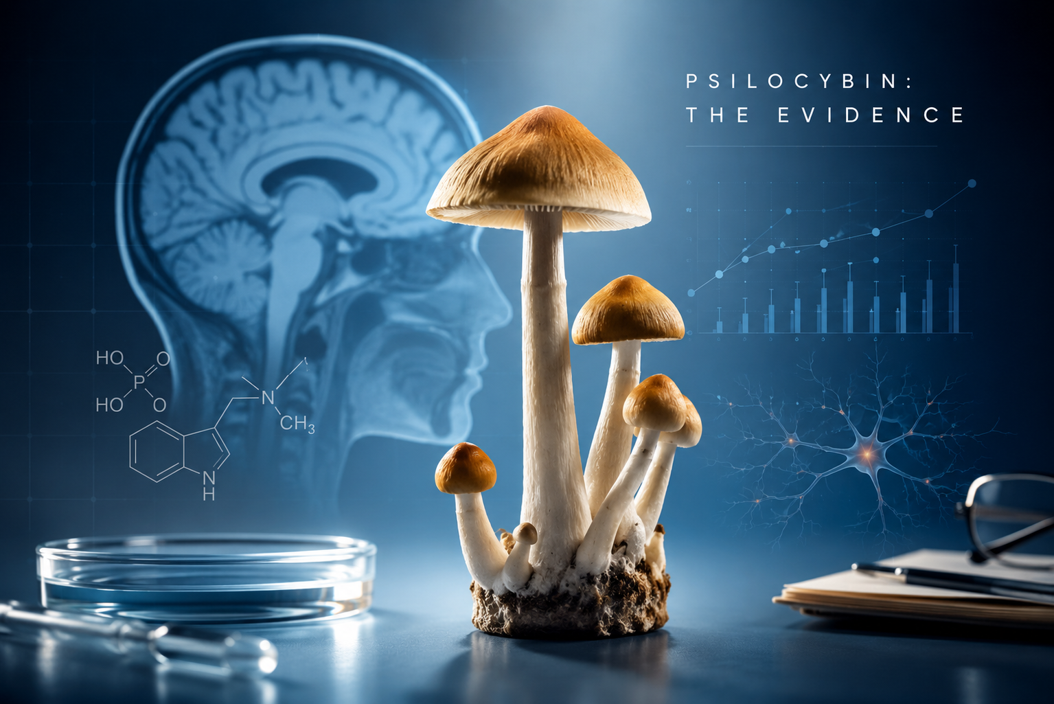 Psilocybin mushrooms in a clinical research setting with brain imaging and evidence-focused scientific graphics.