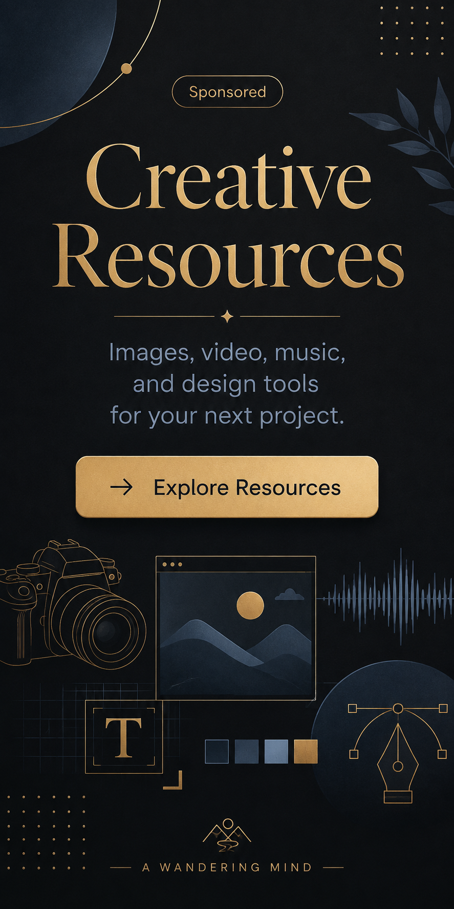 Sponsored Creative Resources vertical banner for licensed images, video, music and design tools.