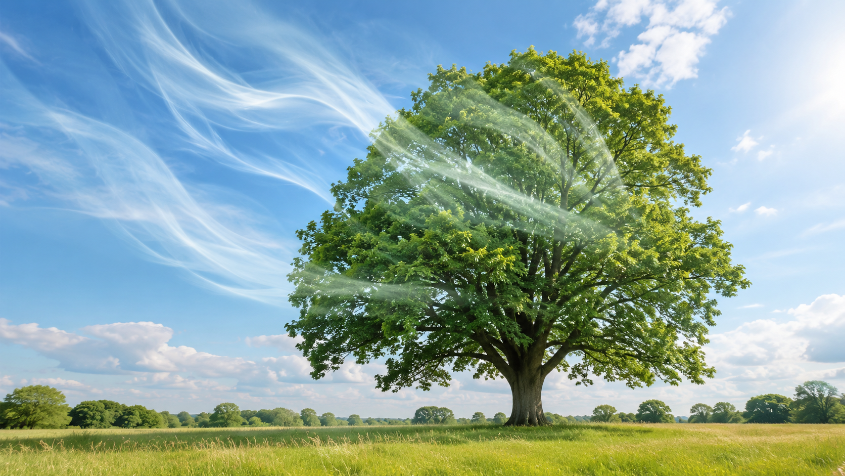A large sunlit tree in an open landscape representing the idea that plant mass is assembled from carbon dioxide, water and sunlight.