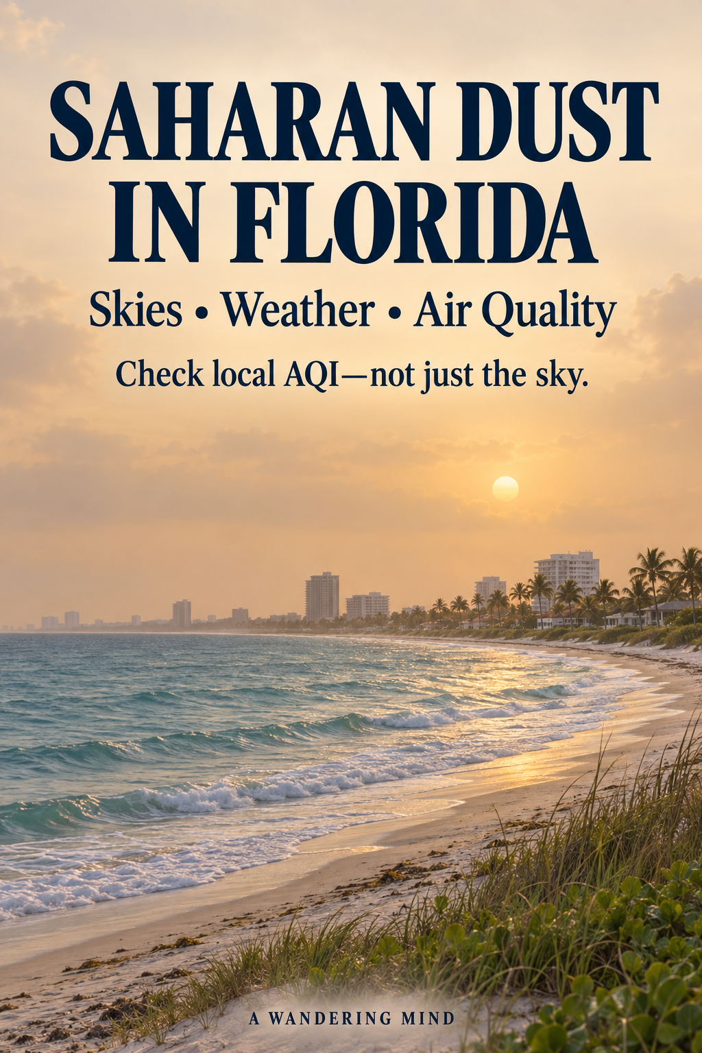 Saharan Dust in Florida: Skies, Weather, Air Quality. A softly hazy conceptual coastline accompanies the reminder to check local AQI, not just the sky.
