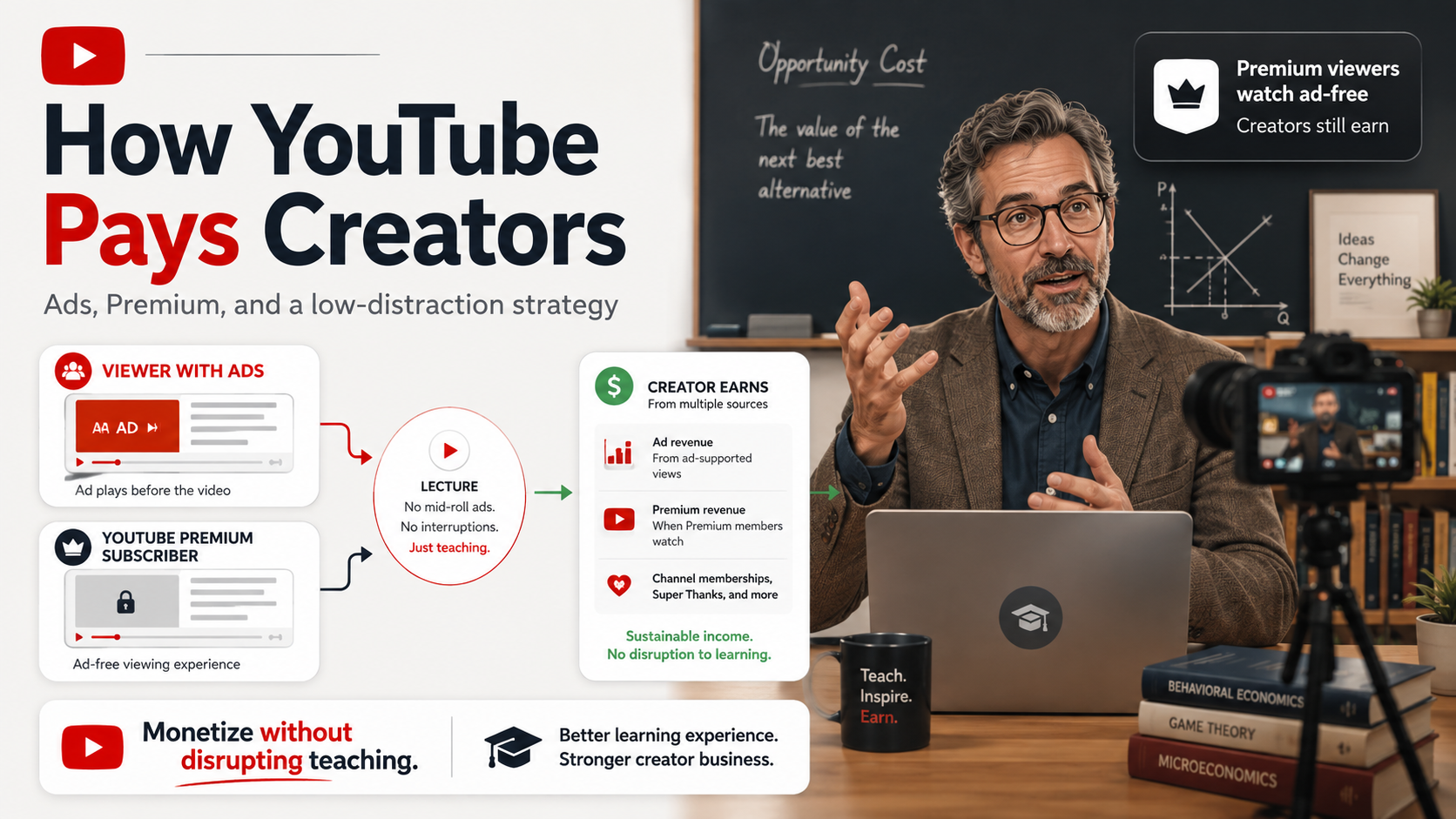 How YouTube pays creators: a professor records an educational lecture while a visual diagram compares ad-supported viewers, YouTube Premium viewers, and creator revenue without mid-roll interruptions.