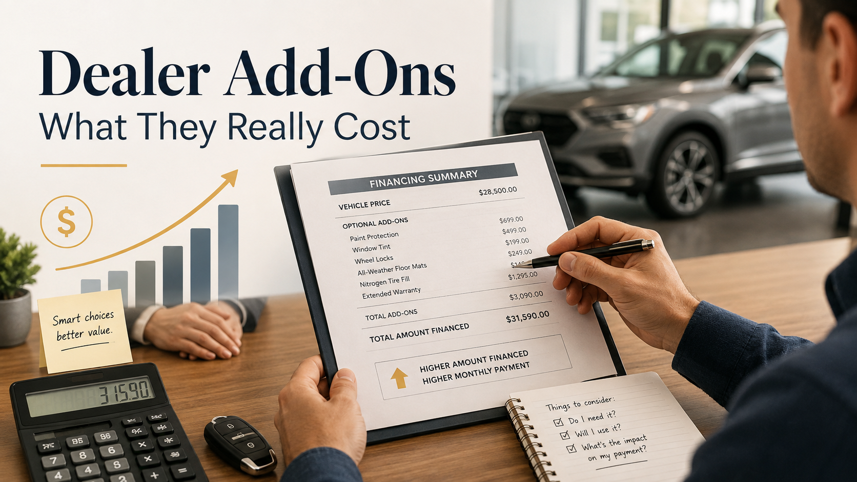 Car buyer reviewing an itemized dealership financing summary showing optional add-ons and their effect on the amount financed