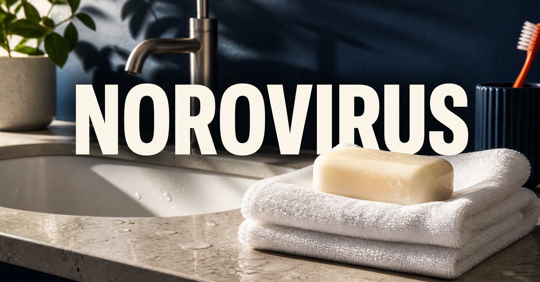 Bathroom sink, bar of soap, folded towels and toothbrush beneath the word Norovirus.