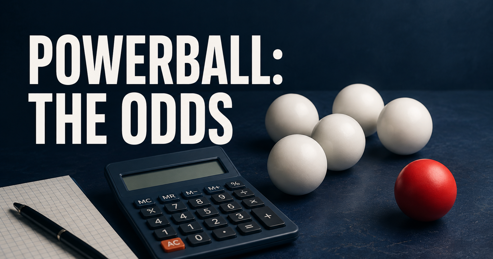 Plain white lottery balls and a calculator beneath the words Powerball: The Odds.