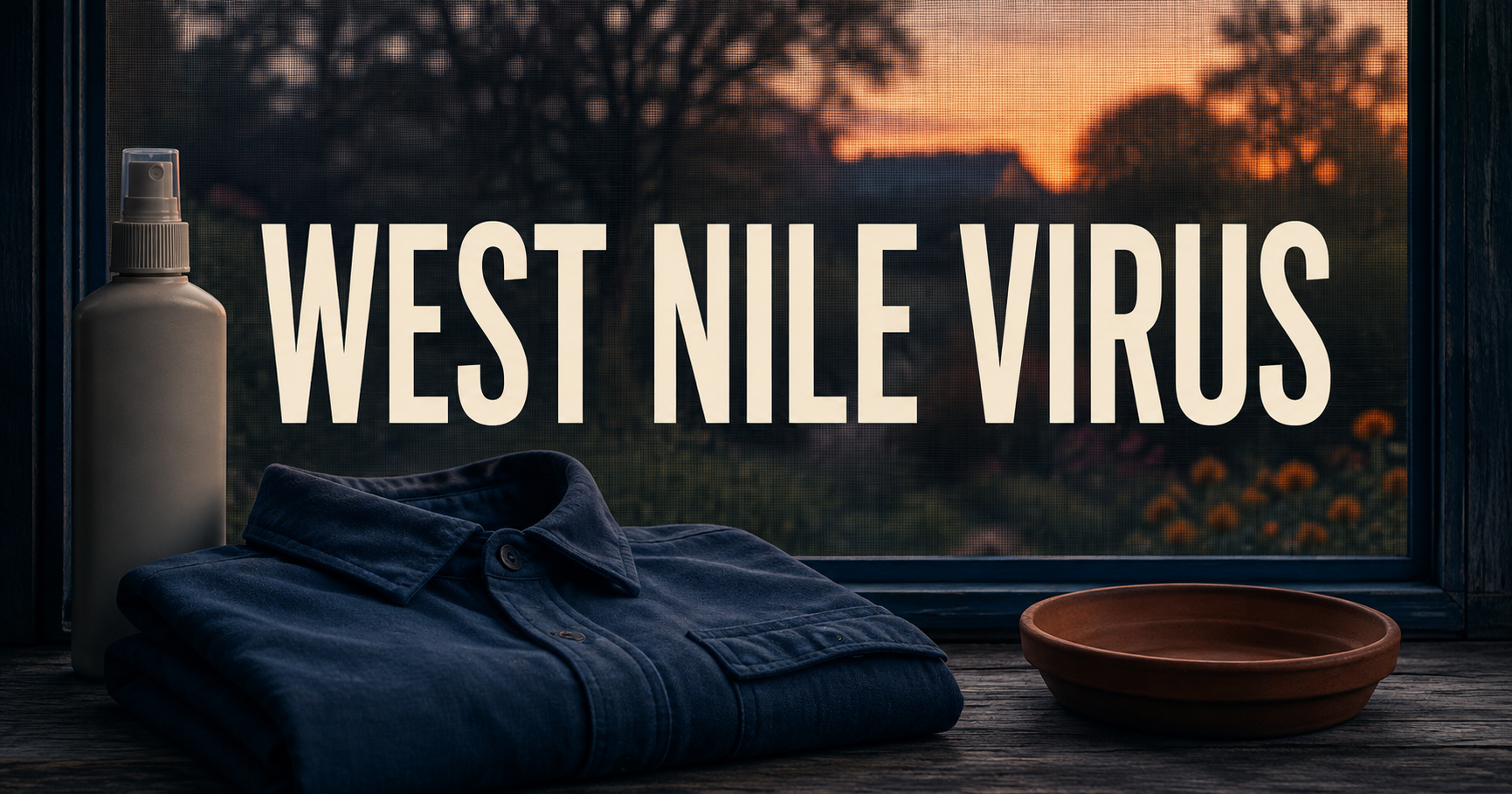 A repellent bottle, long-sleeved shirt and empty shallow dish beside a screened window beneath the words West Nile Virus.