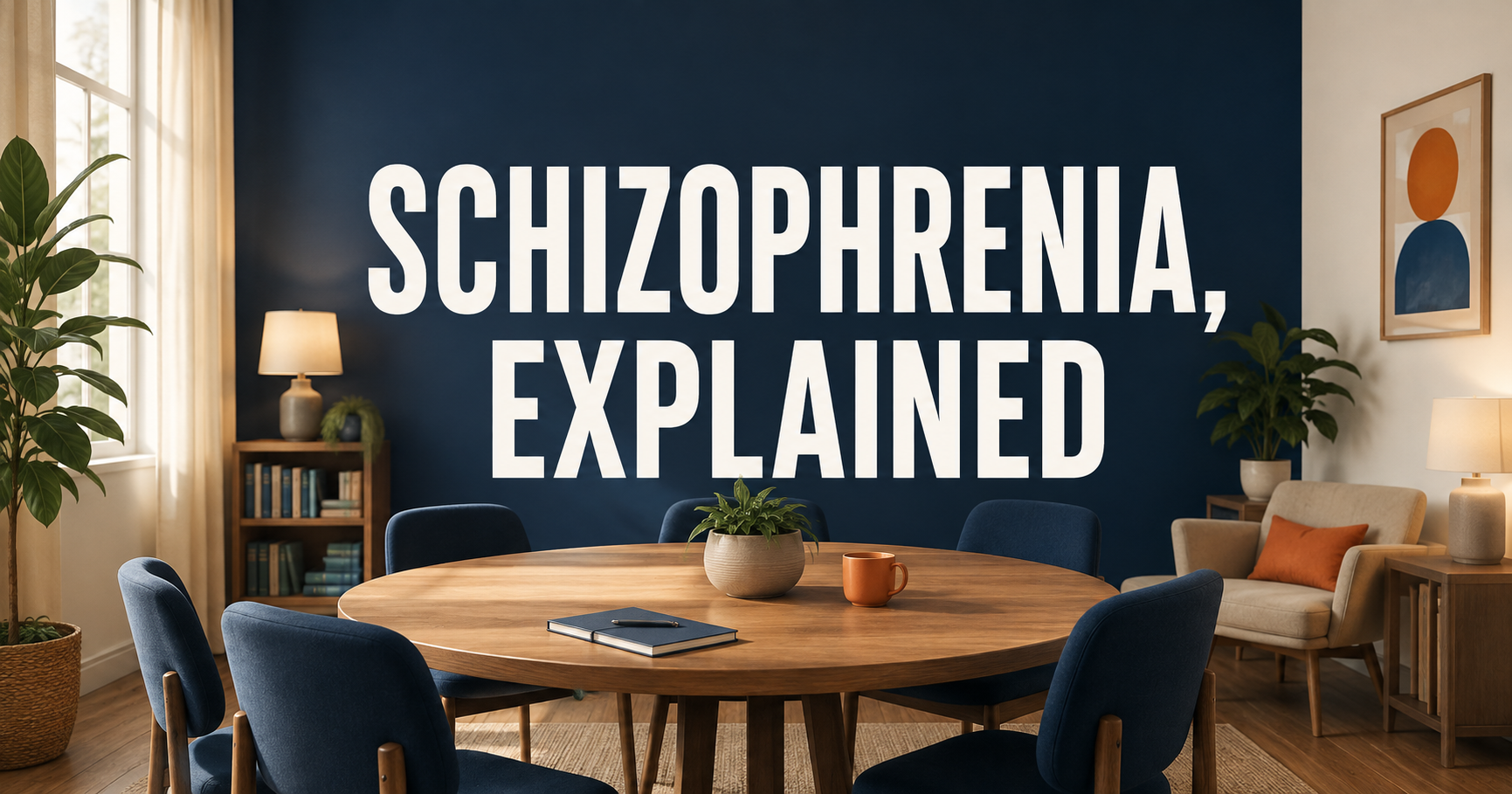 An empty, warmly lit community meeting room beneath the words Schizophrenia, Explained.