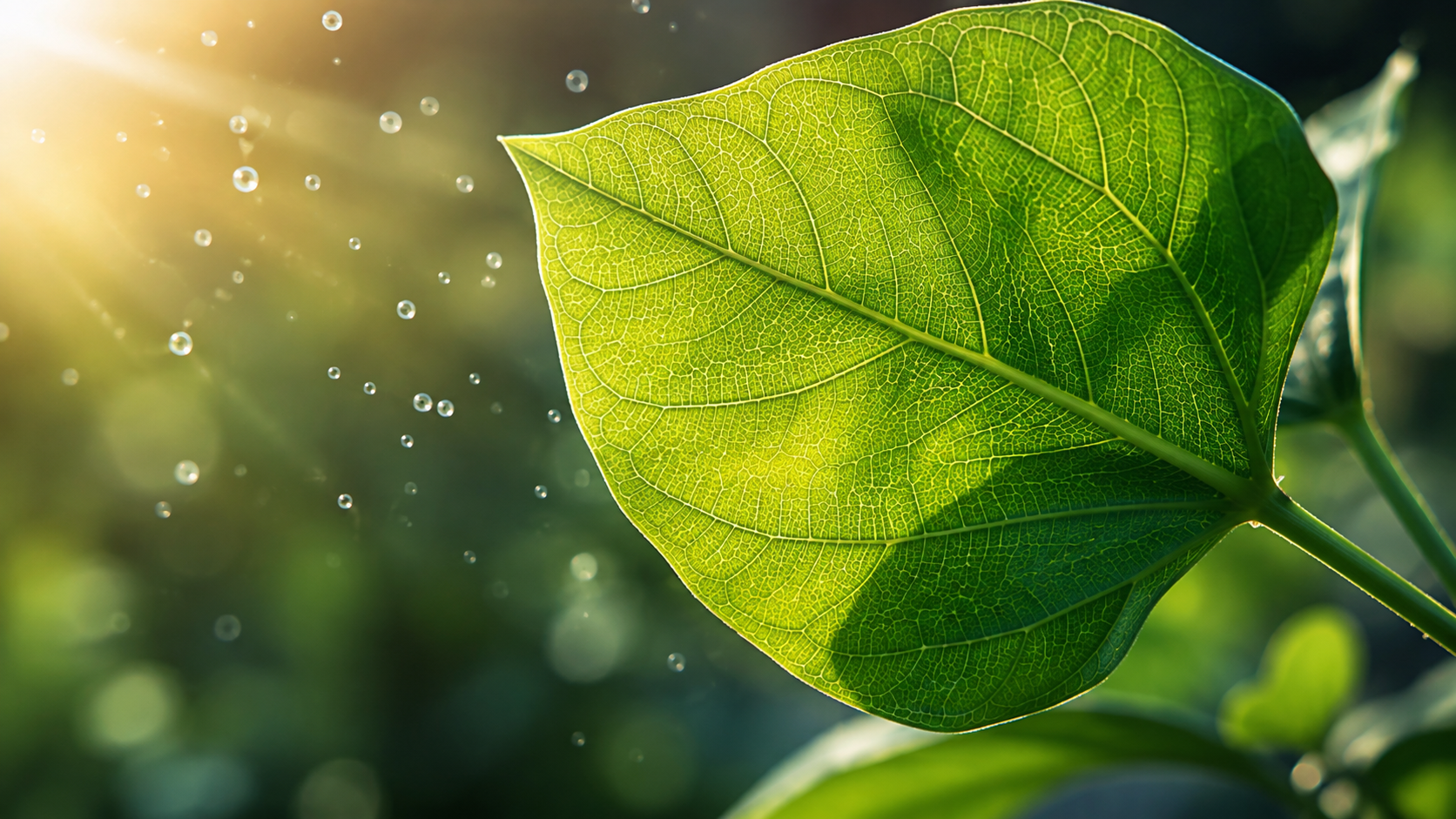 Close-up of a green leaf lit by sunlight, representing the place where carbon dioxide, water and light are turned into sugars.