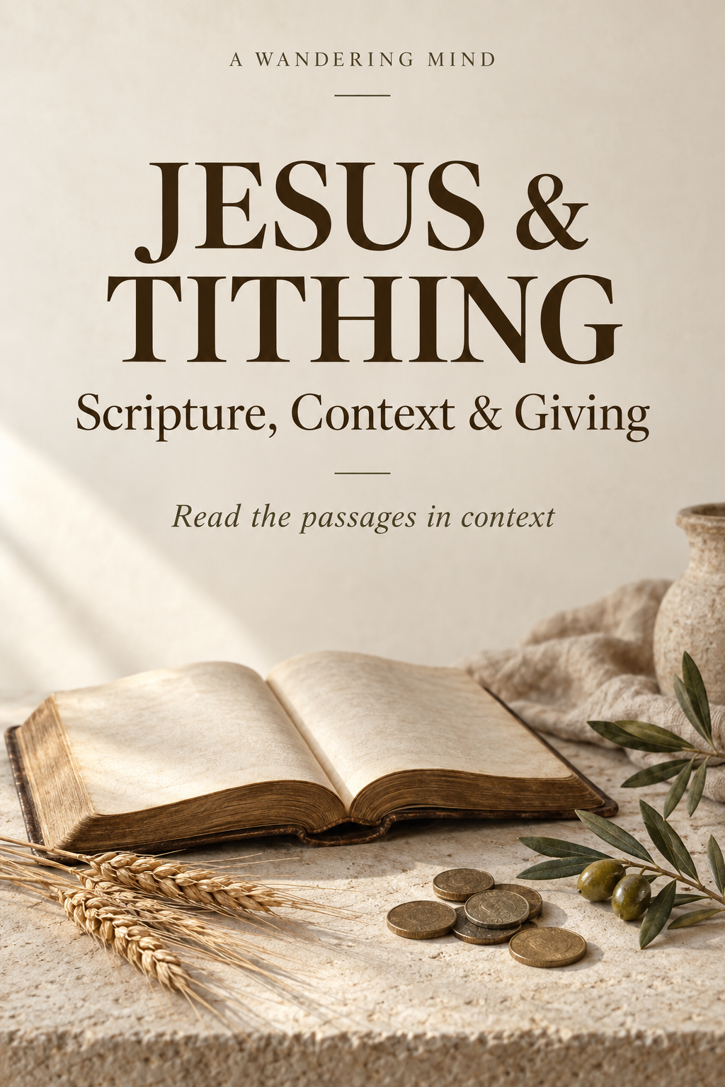 An open unlettered book, plain coins, wheat and an olive sprig beneath the words Jesus & Tithing, Scripture, Context & Giving.