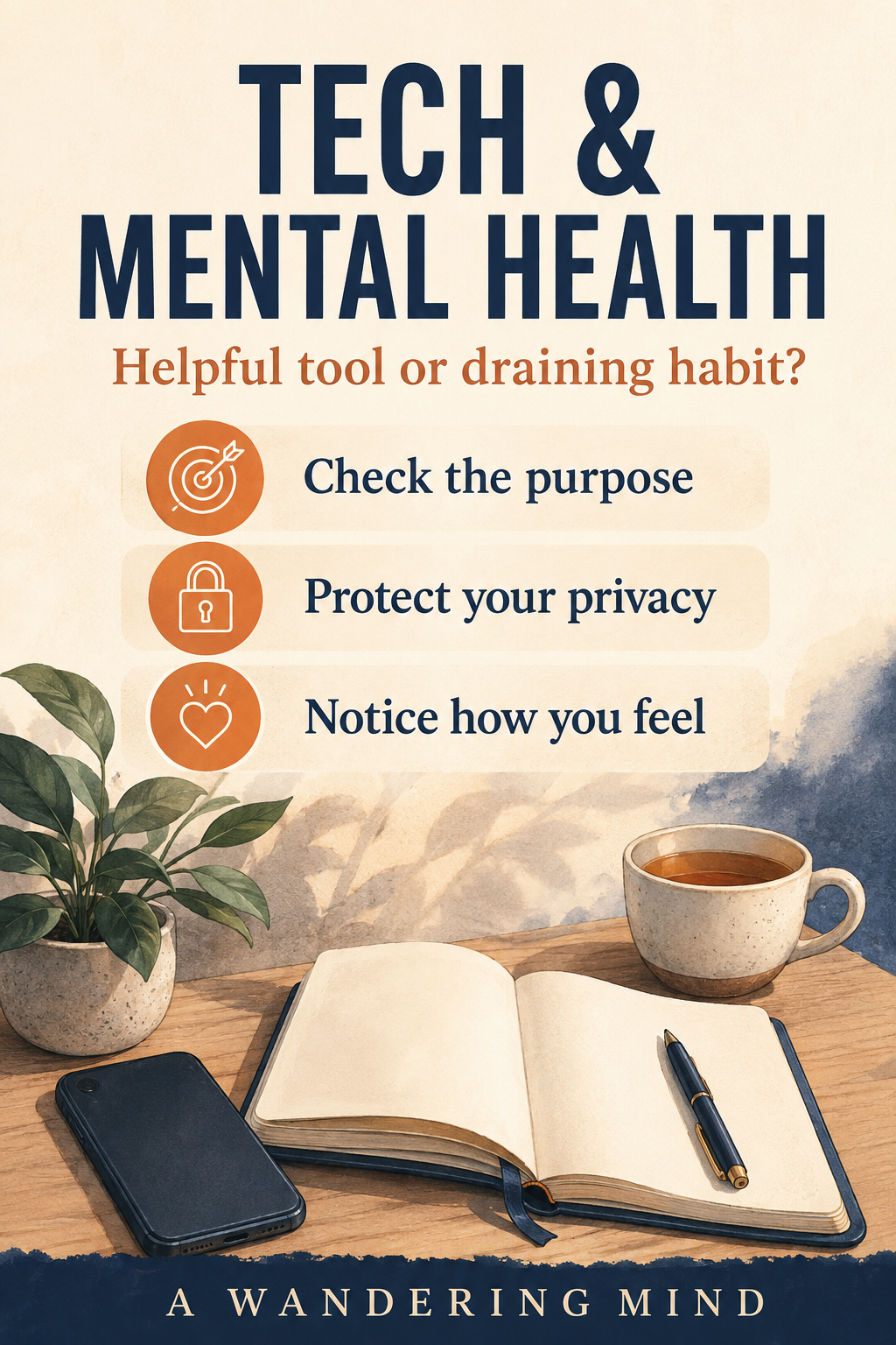 Tech and Mental Health: helpful tool or draining habit? A face-down phone, blank journal, tea and plant accompany reminders to check the purpose, protect your privacy and notice how you feel.