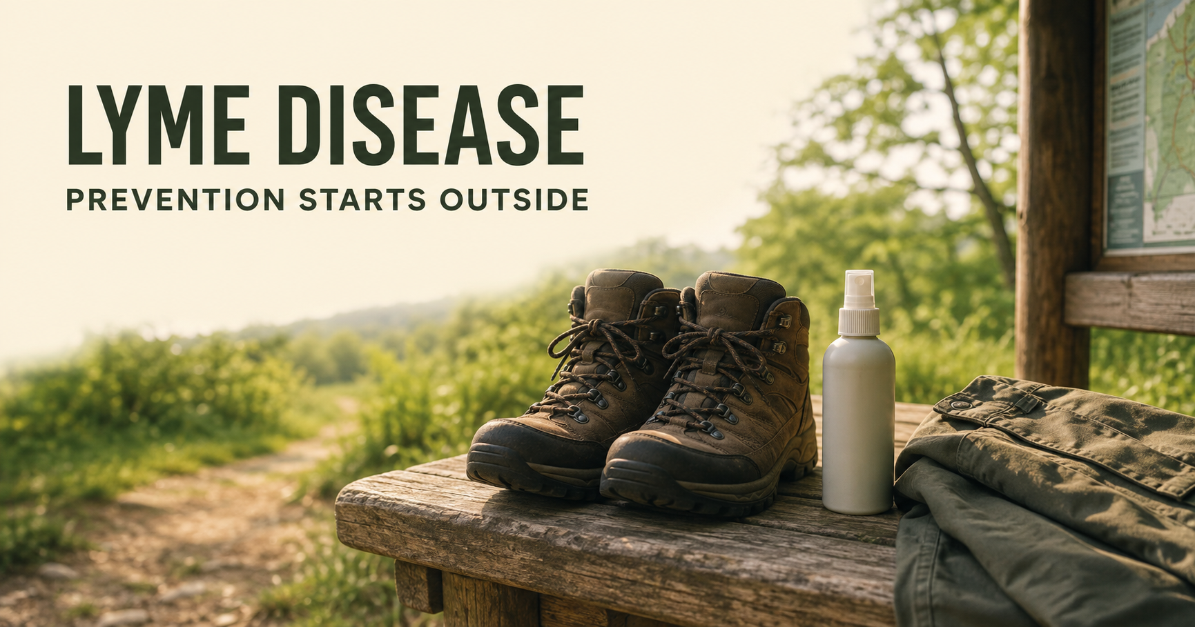 Unbranded hiking boots, long trousers and a repellent bottle beside a trail beneath the words Lyme Disease: Prevention Starts Outside.