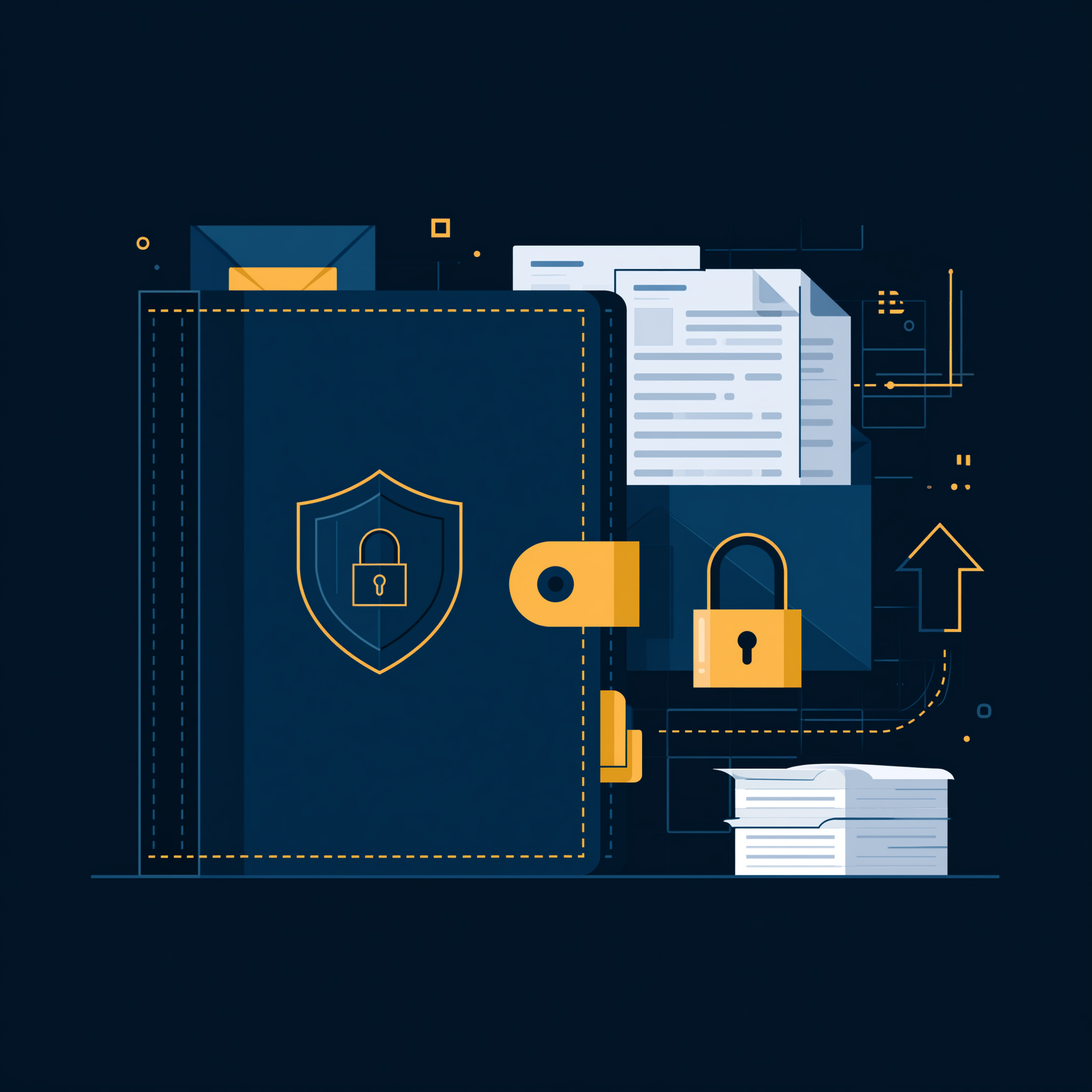 Illustration of a locked document folio, protected records, and a secure upload arrow.