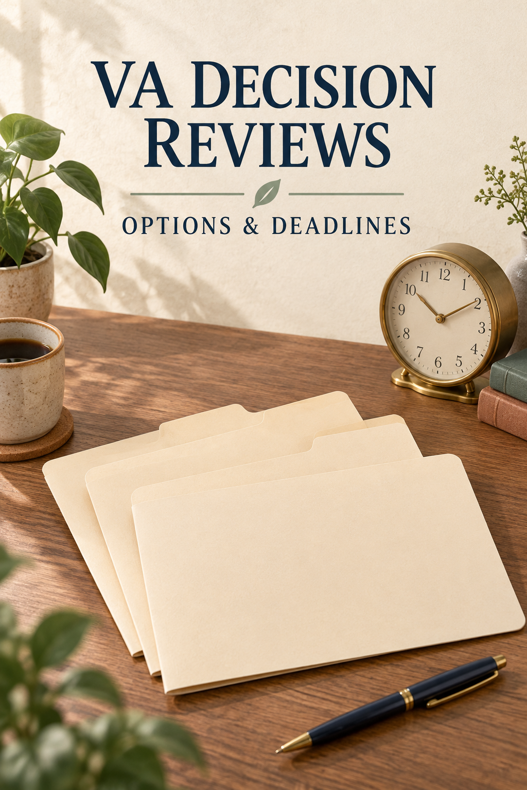 Three plain folders, a brass clock and pen beneath the words VA Decision Reviews and Options & Deadlines.