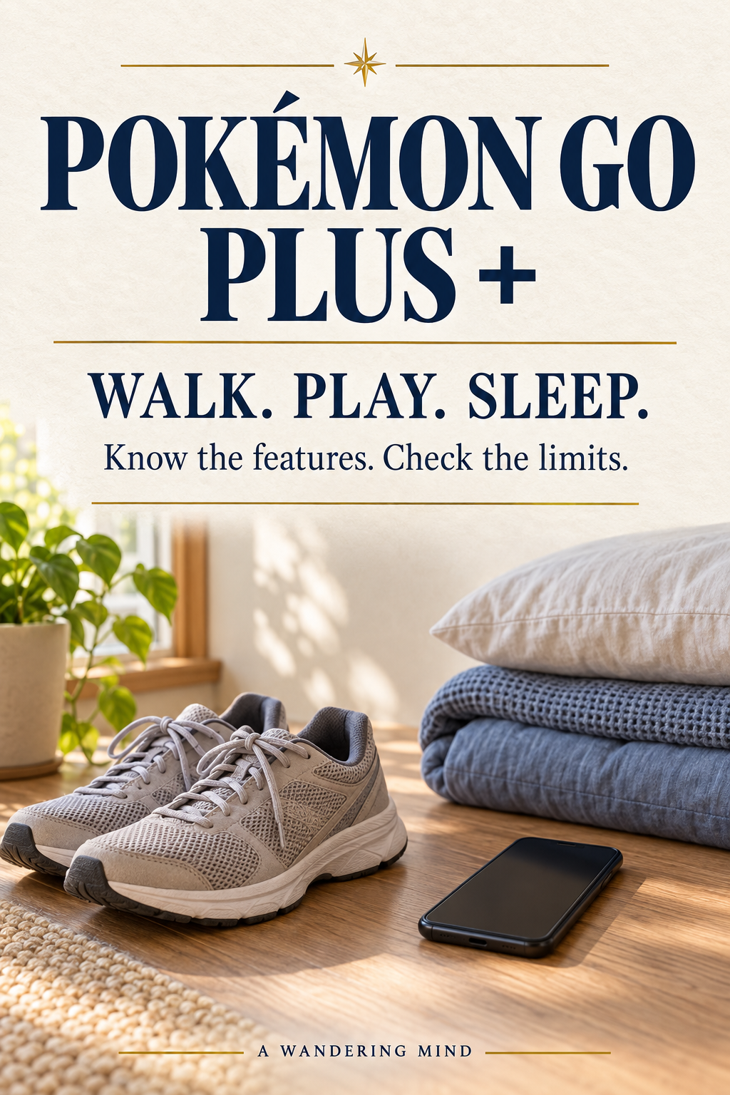 Pokémon GO Plus +: Walk. Play. Sleep. Know the features and check the limits. Walking shoes, folded bedding and a blank-screen phone form a conceptual editorial still life.