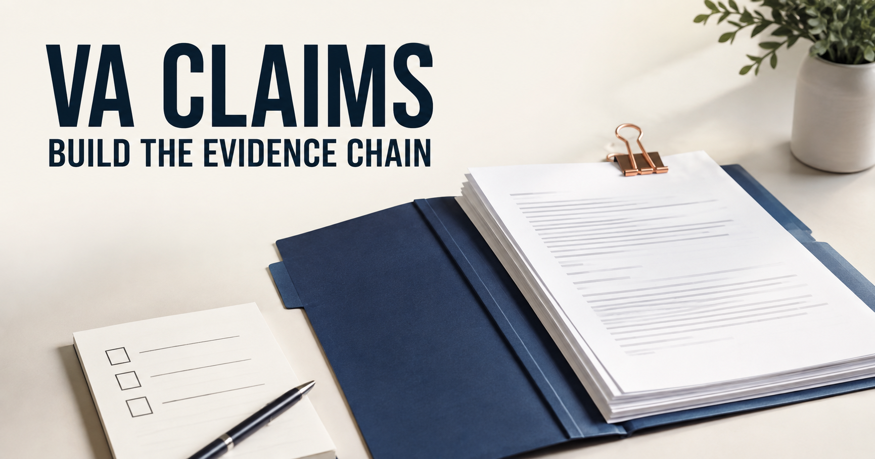 Paper records, a folder and pen arranged beneath a VA claim evidence headline.