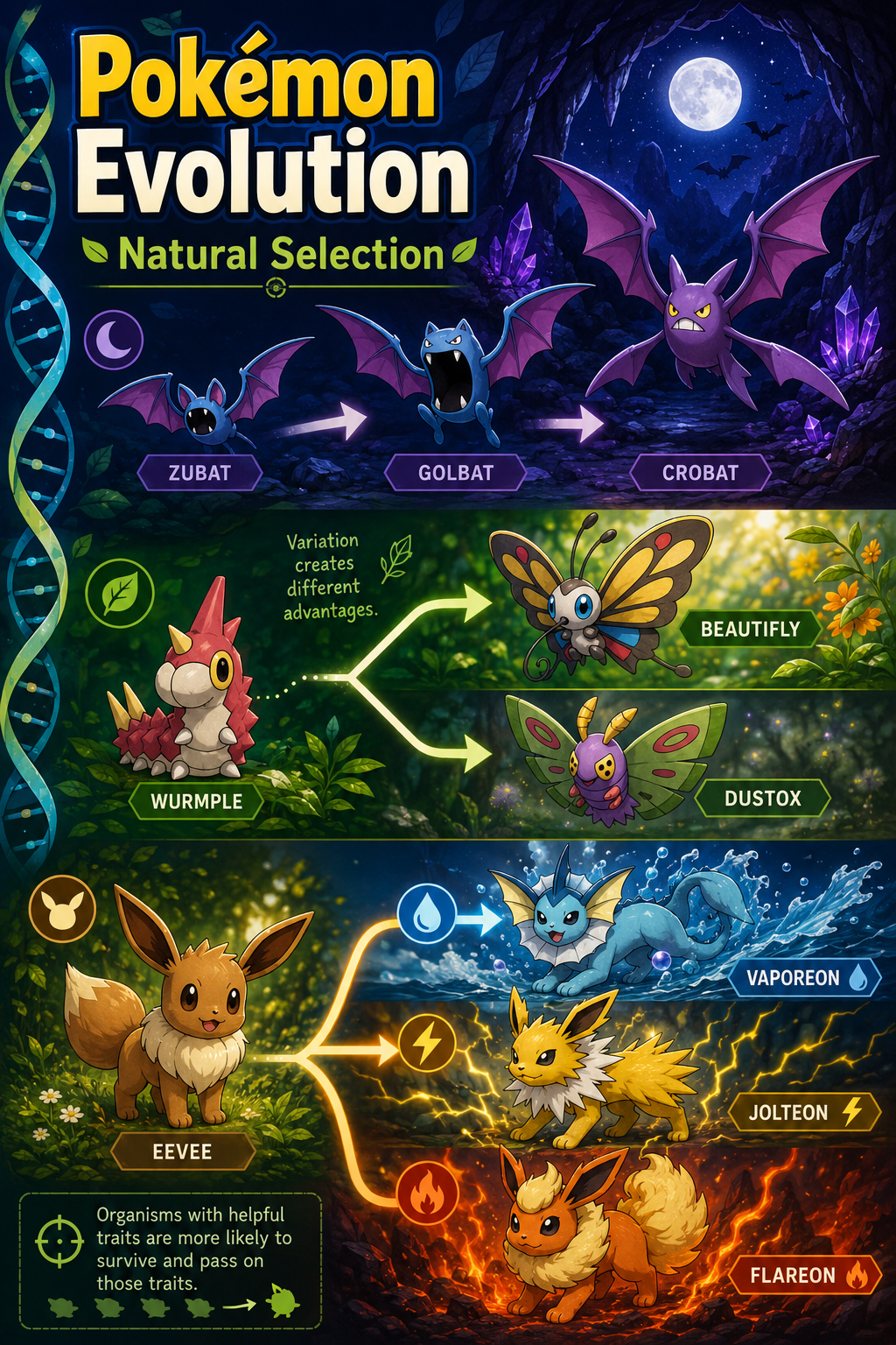 Pokémon-themed illustration representing variation, inheritance and natural selection