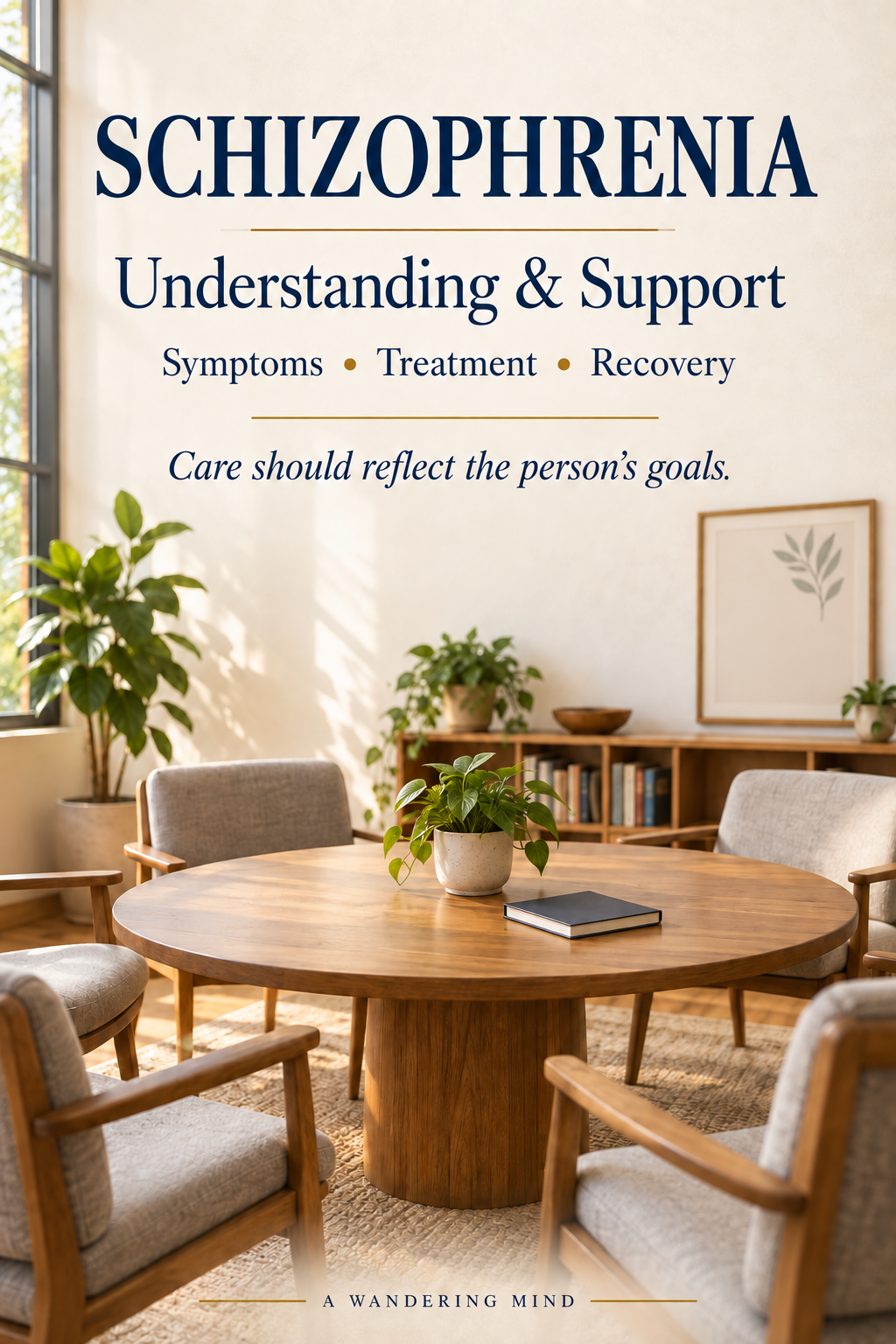 Schizophrenia: Understanding and Support. Symptoms, treatment and recovery. A warm, empty community meeting room accompanies the reminder that care should reflect the person's goals.