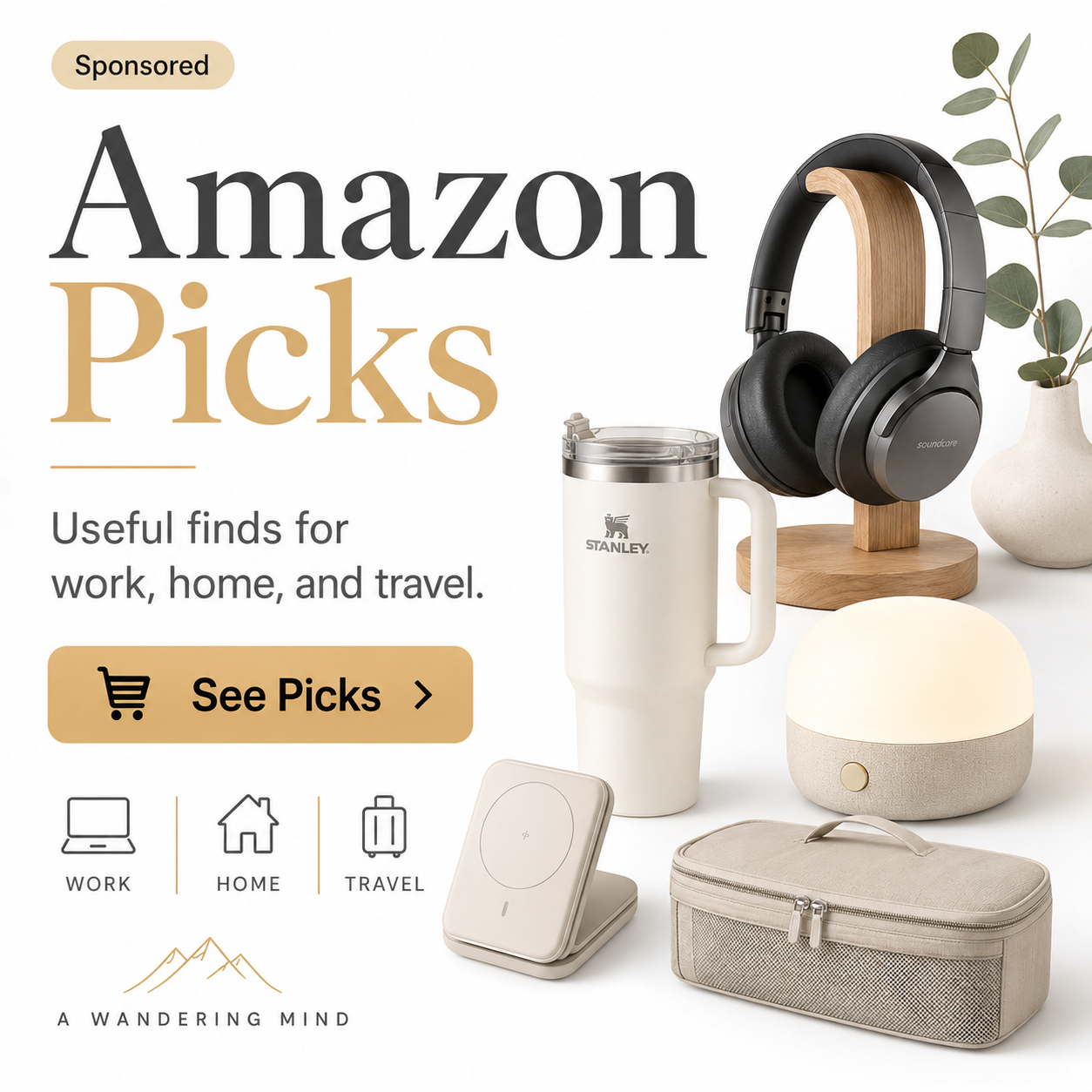 Light sponsored Amazon Picks card highlighting useful products for work, home, and travel