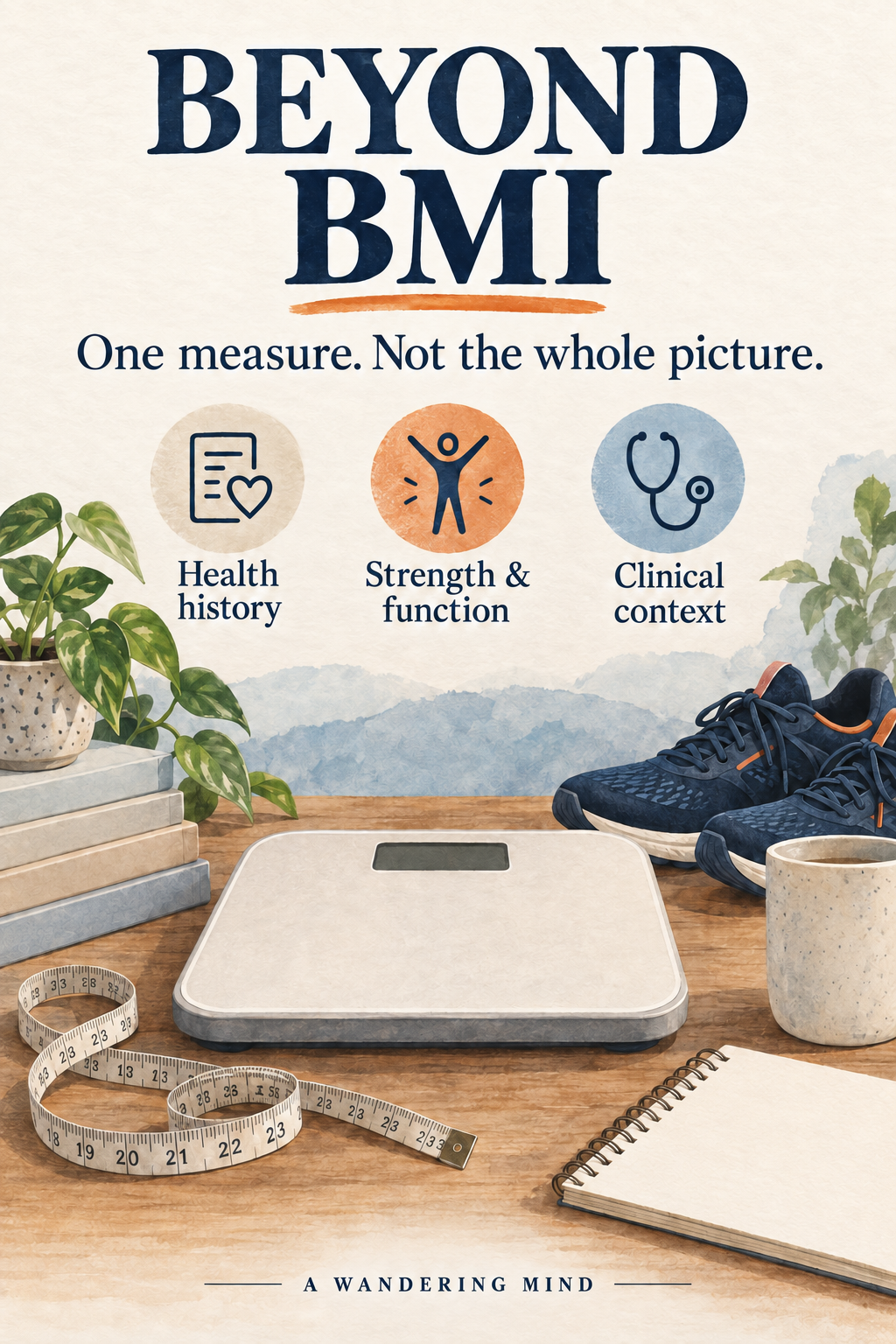 Beyond BMI: one measure, not the whole picture. A neutral scale, shoes and plant accompany reminders to consider health history, strength and function, and clinical context.