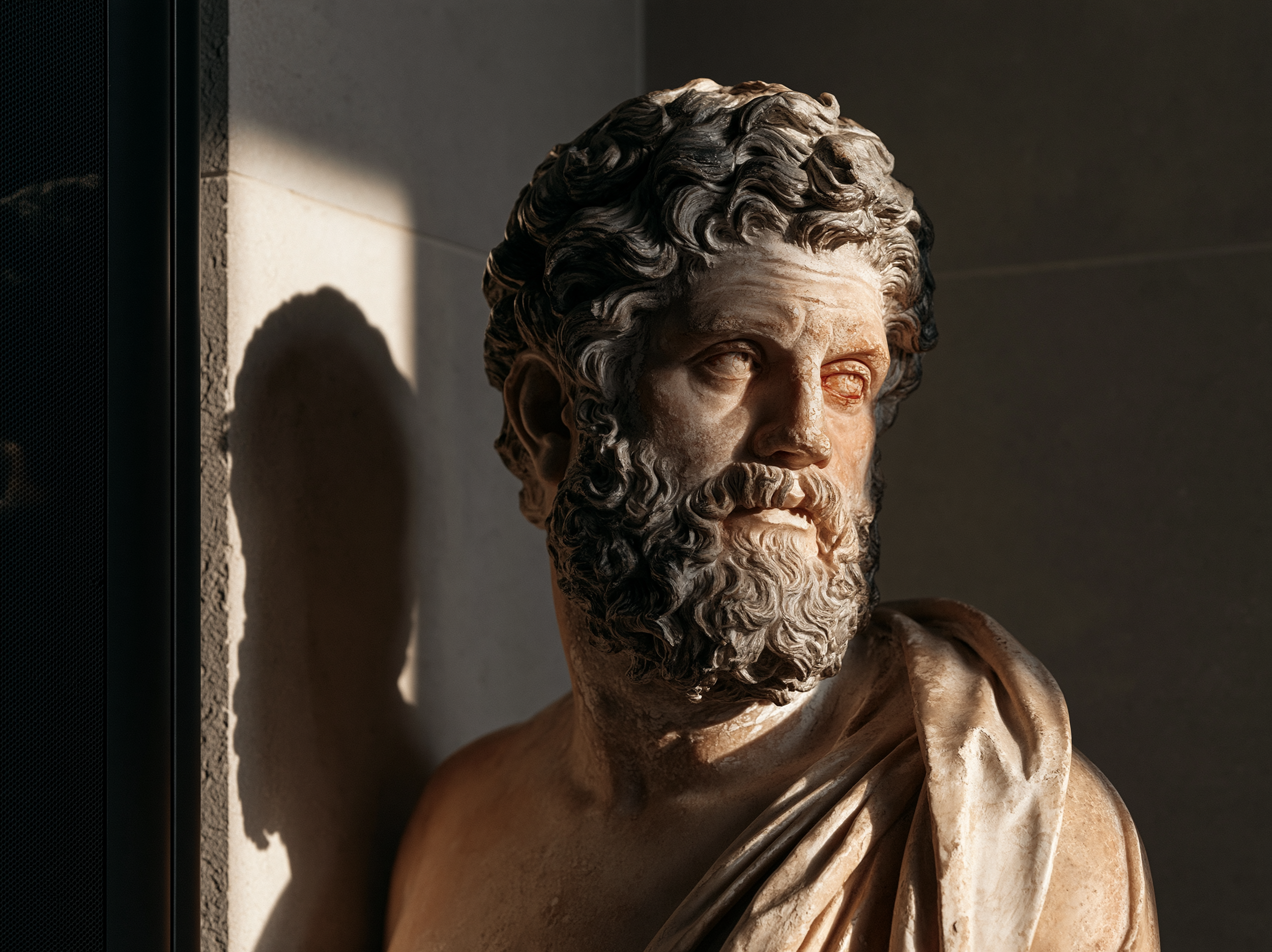 A classical philosophical bust reflected in modern server glass, connecting ancient doubts about reality with computing.