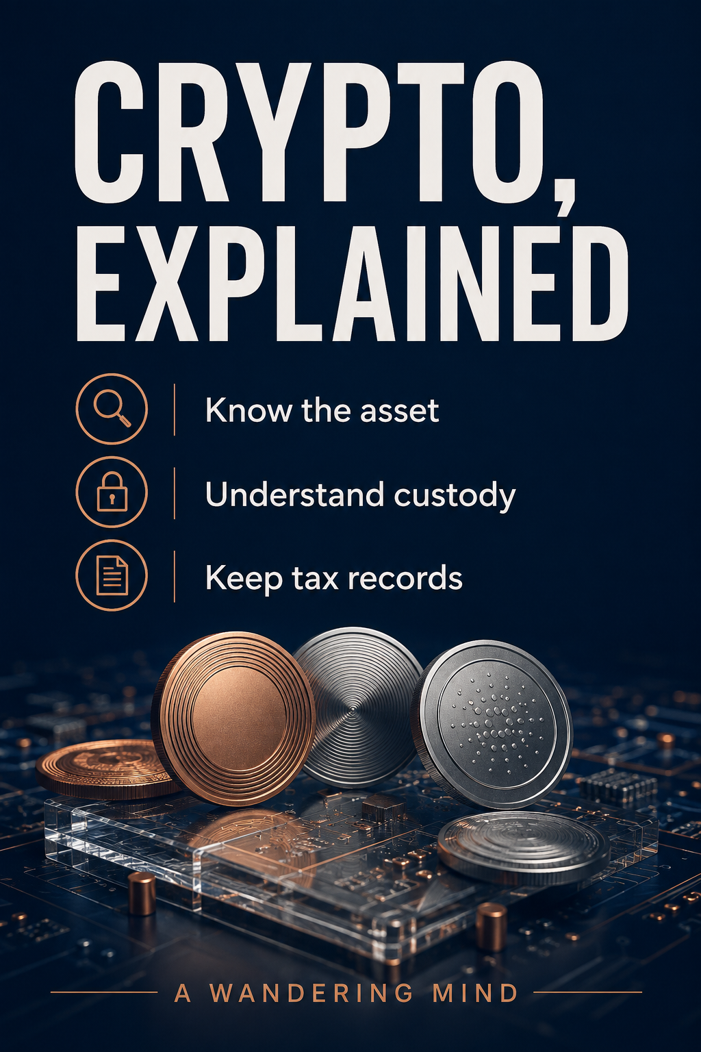 Crypto, Explained: Know the asset, understand custody, and keep tax records, above unbranded tokens and a circuit board.