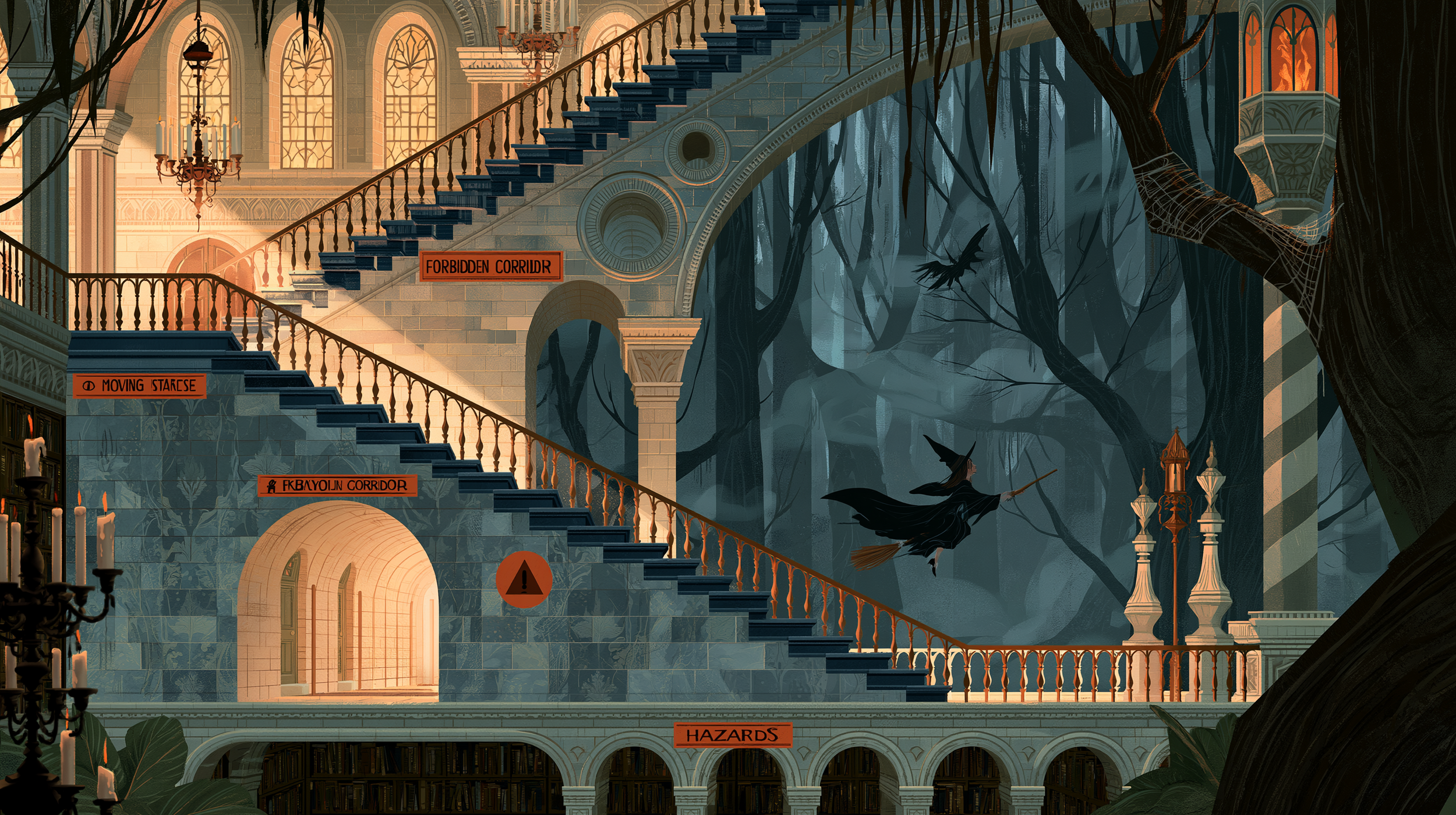 An illustrated magical school filled with moving staircases, a forbidden corridor, a dark forest and other labeled hazards
